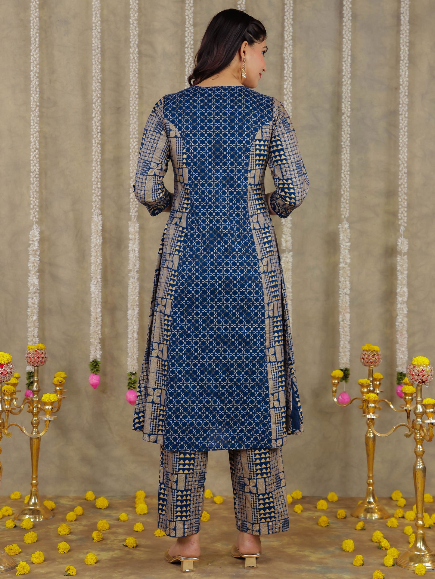 Viscose Gold Foil A-line Royal Blue Kurta