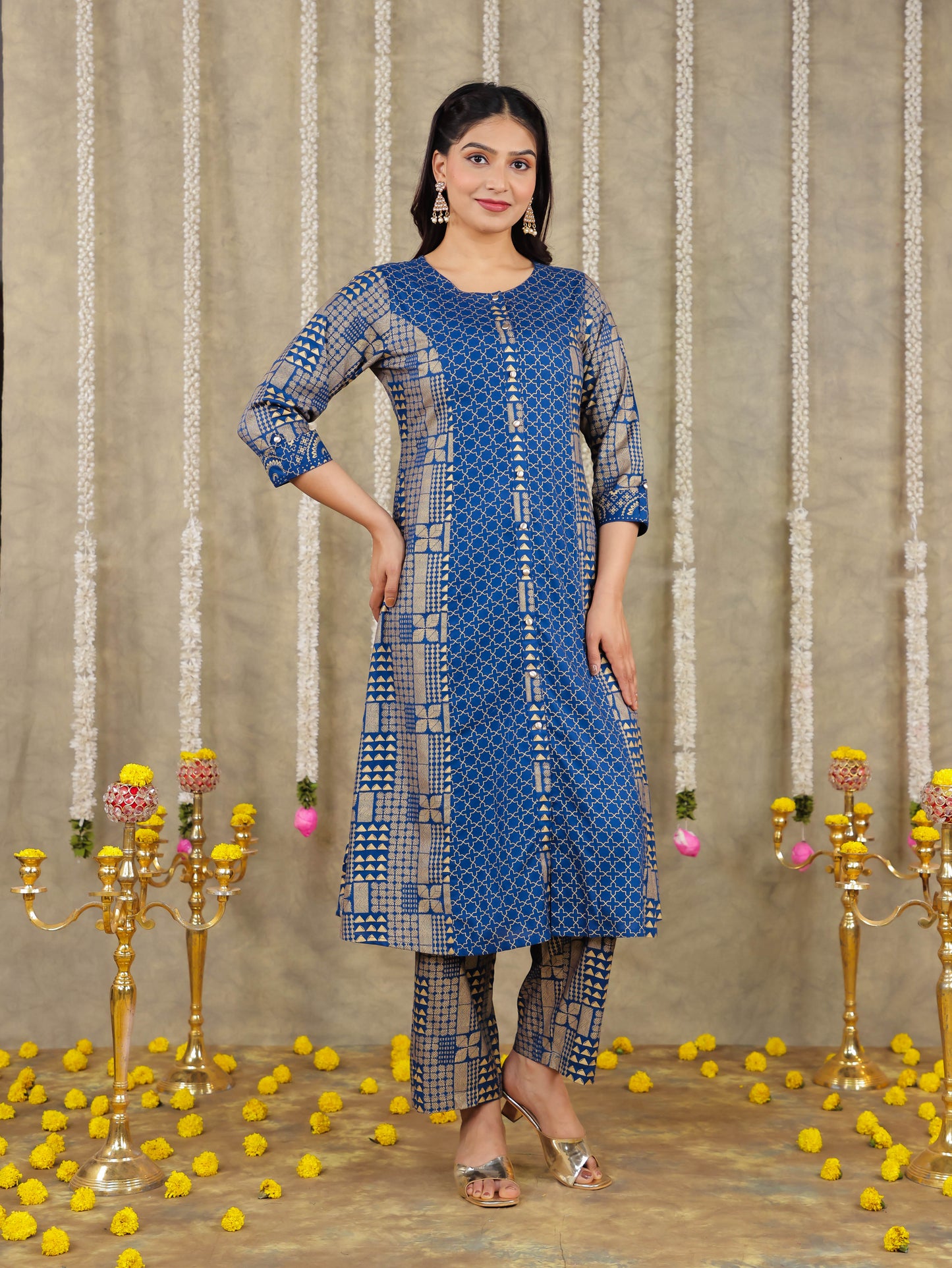 Viscose Gold foil A-line Blue Kurta