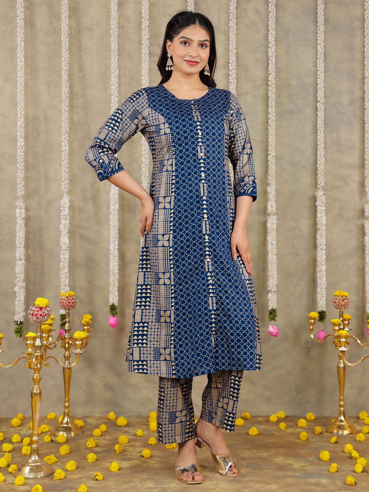 Viscose Gold Foil A-line Royal Blue Kurta