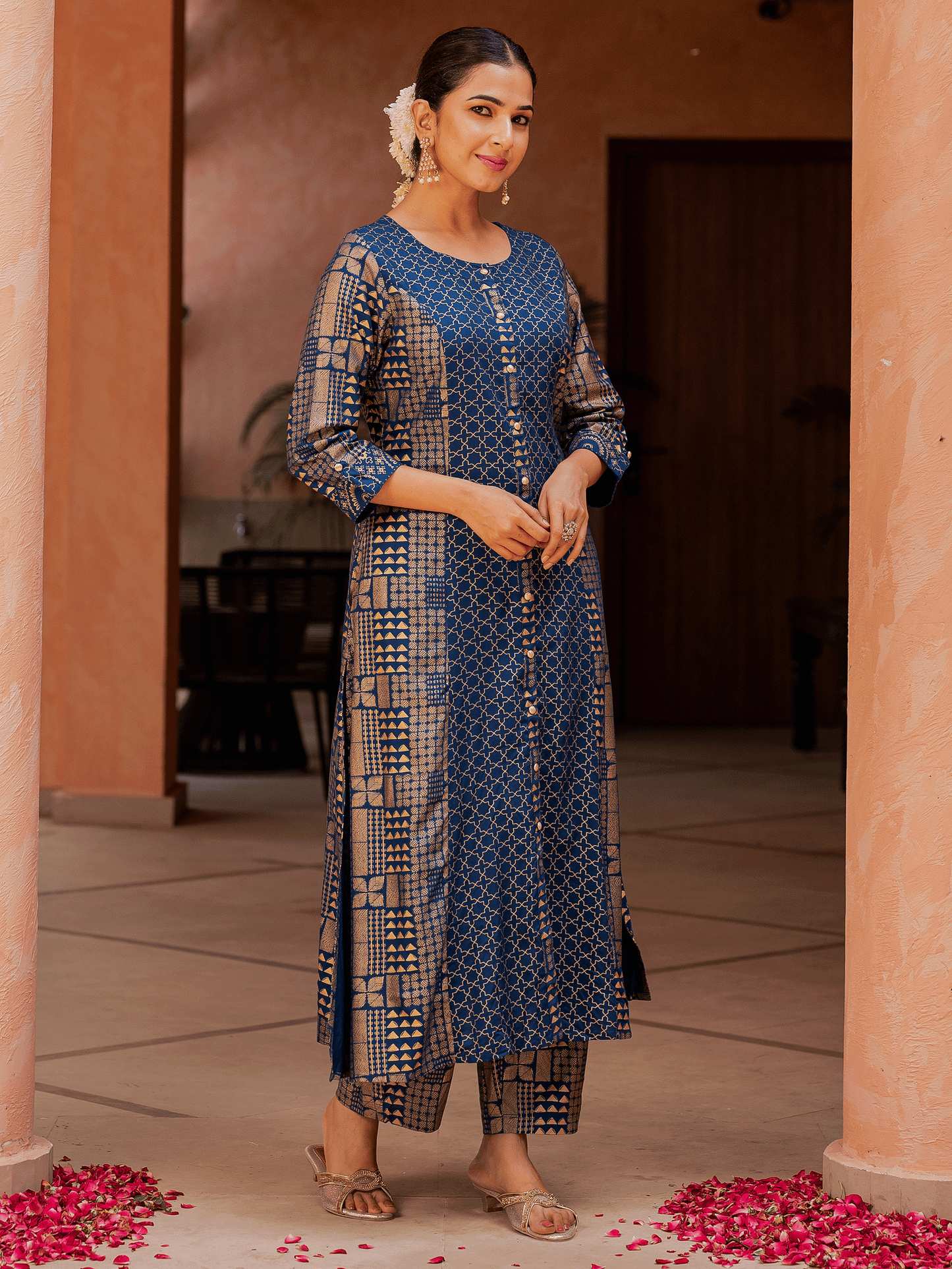 Viscose Gold Foil A-line Royal Blue Kurta