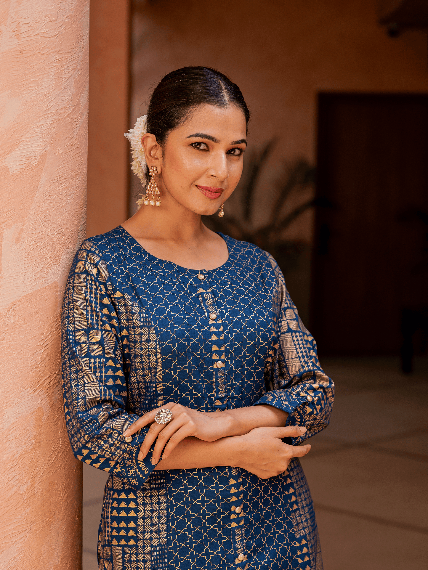 Viscose Gold Foil A-line Royal Blue Kurta