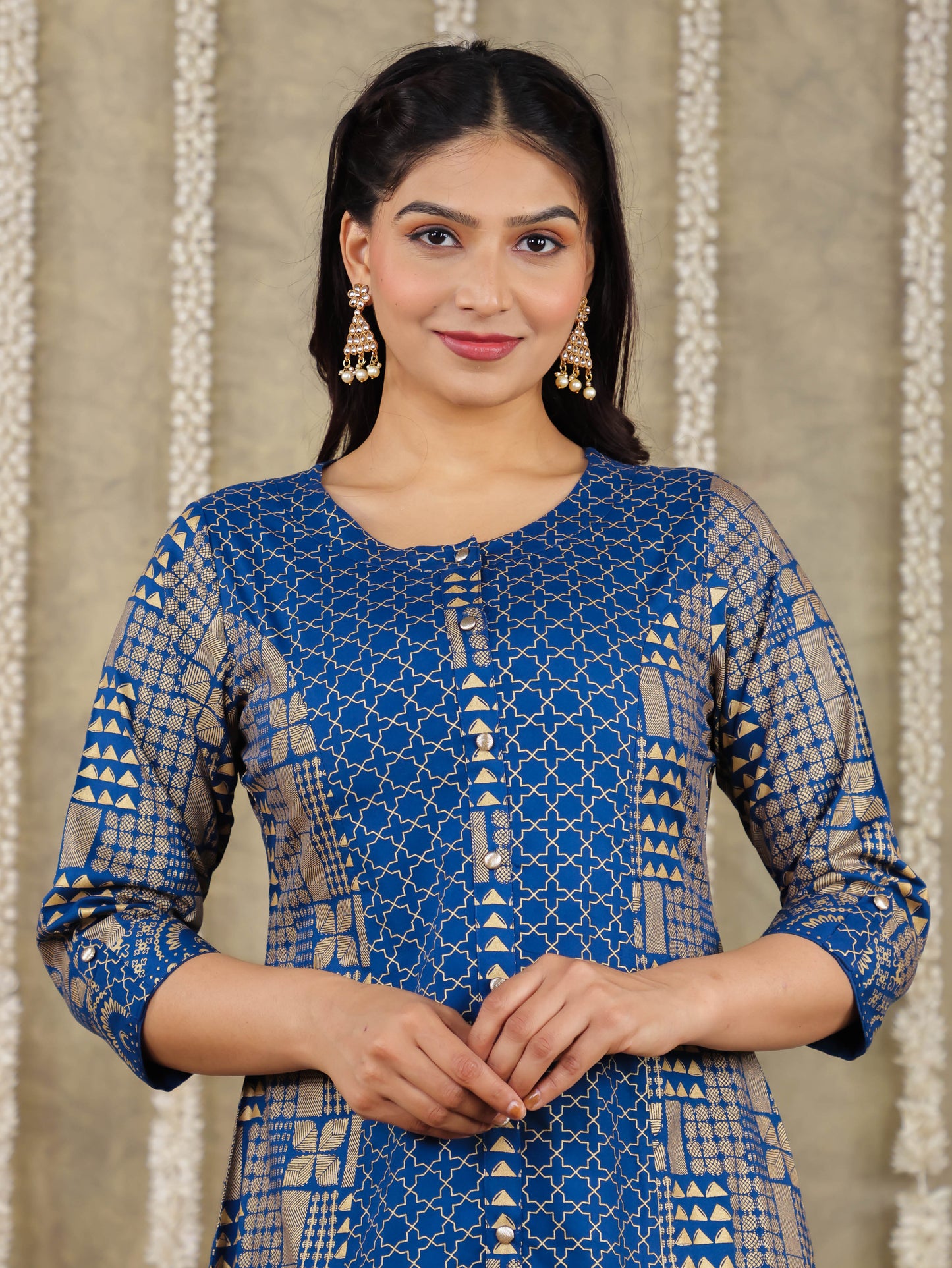 Viscose Gold foil A-line Blue Kurta