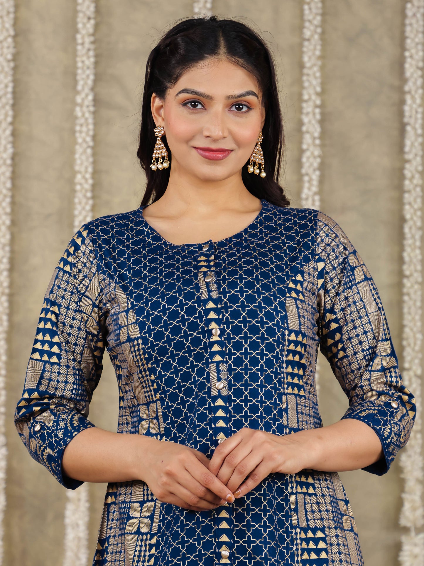 Viscose Gold Foil A-line Royal Blue Kurta