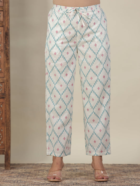 Soft Cotton Geometric Off White Straight Trousers