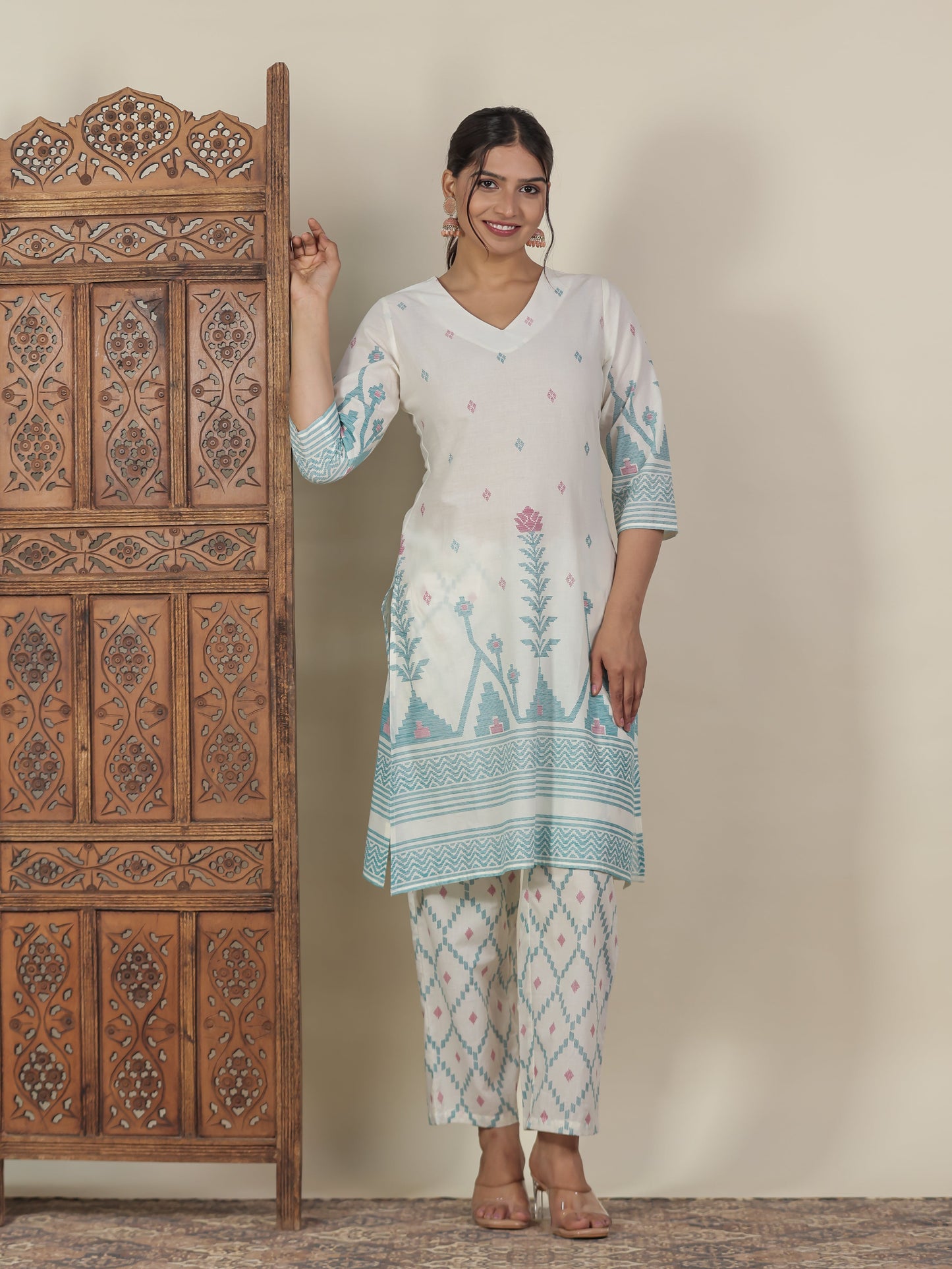 Soft Cotton Geometric Straight Off White Kurta