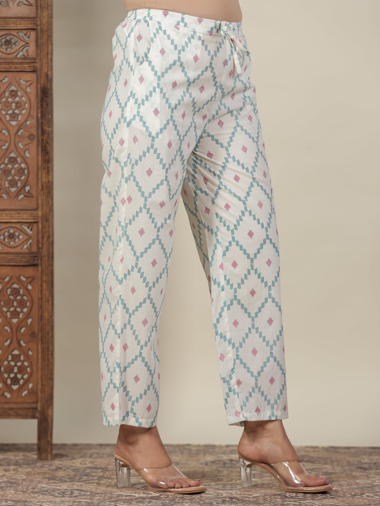 Soft Cotton Geometric Straight Off White Kurta