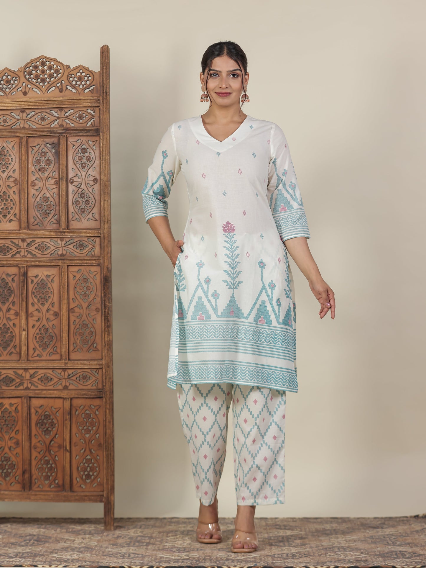 Soft Cotton Geometric Straight Off White Kurta