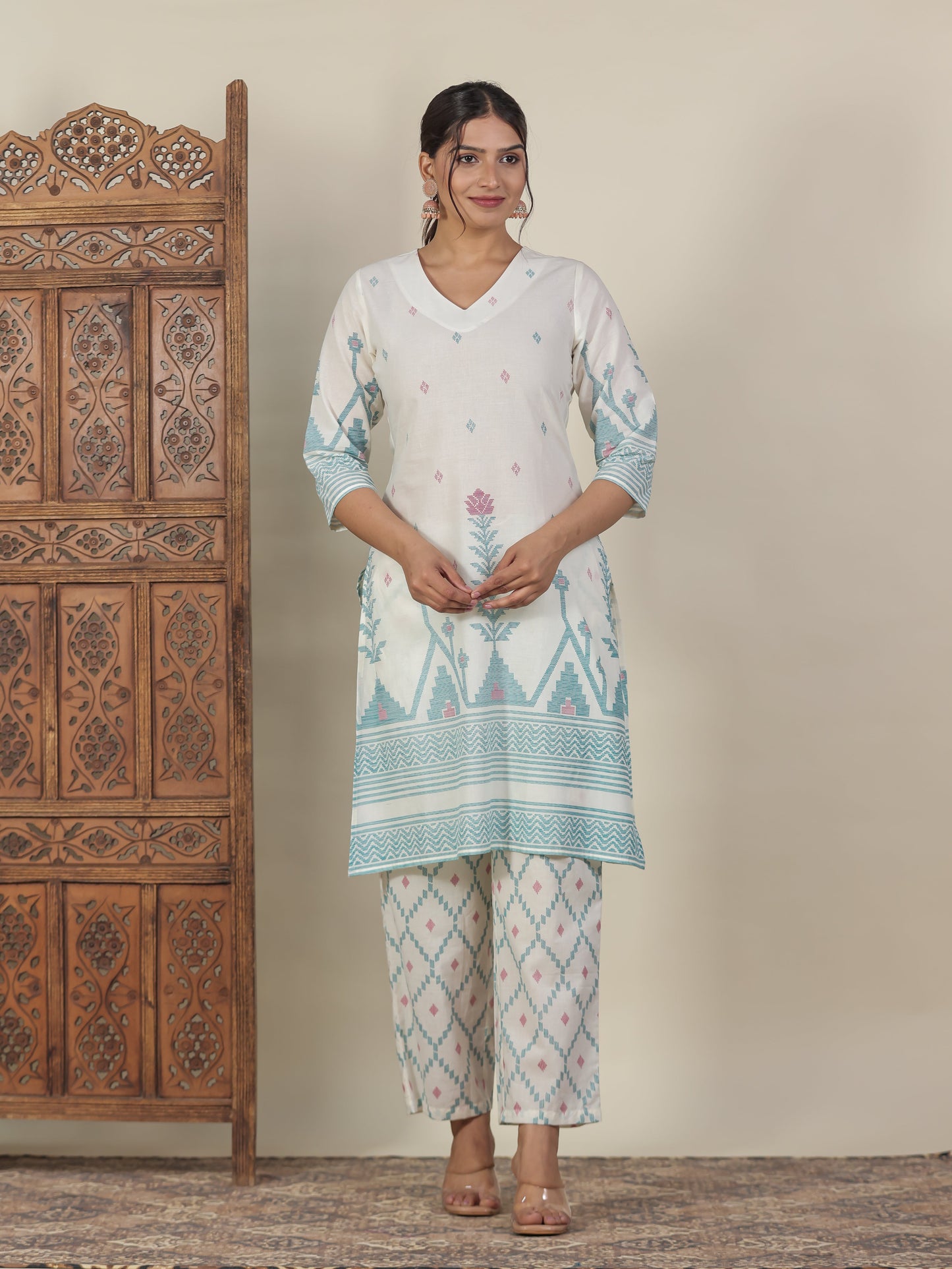 Soft Cotton Geometric Straight Off White Kurta