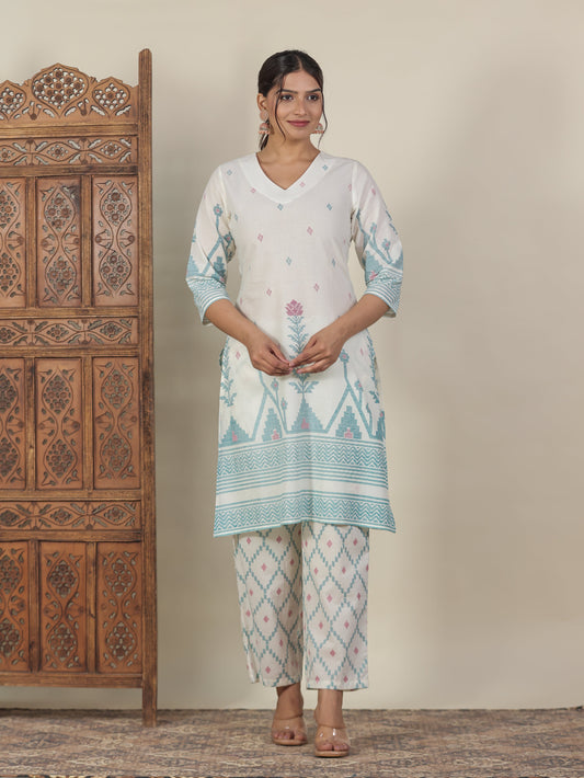 Soft Cotton Geometric Straight Off White Kurta