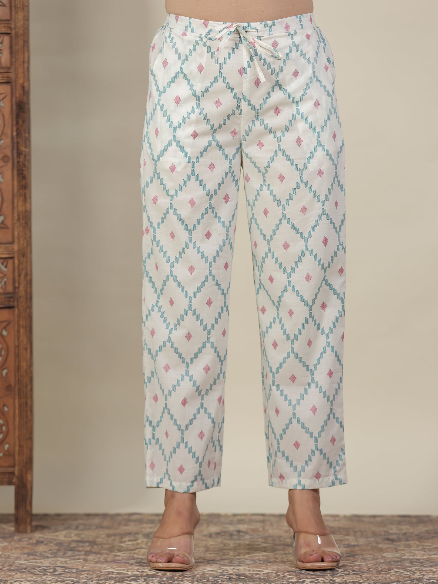 Soft Cotton Geometric Straight Off White Kurta