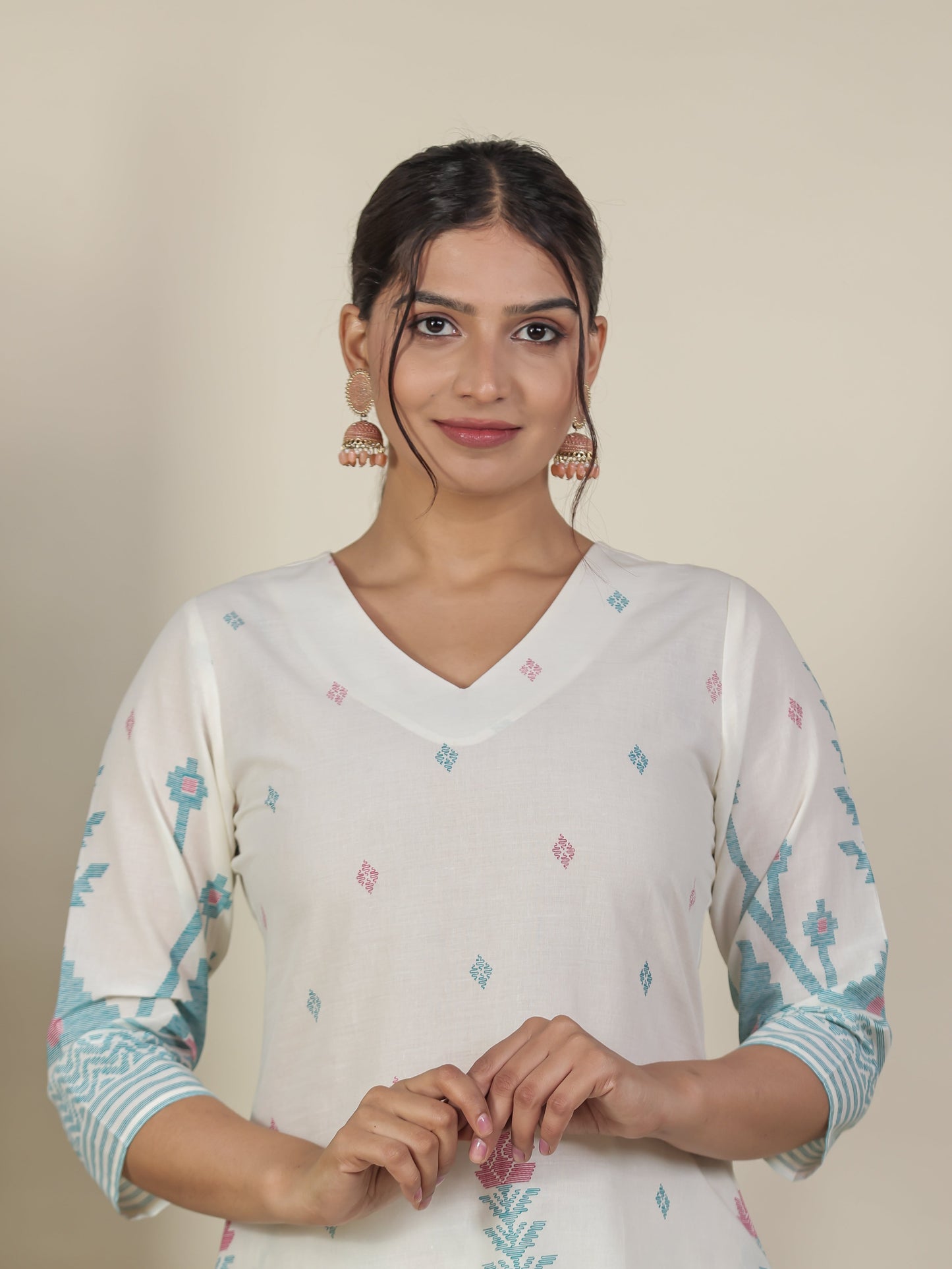 Soft Cotton Geometric Straight Off White Kurta