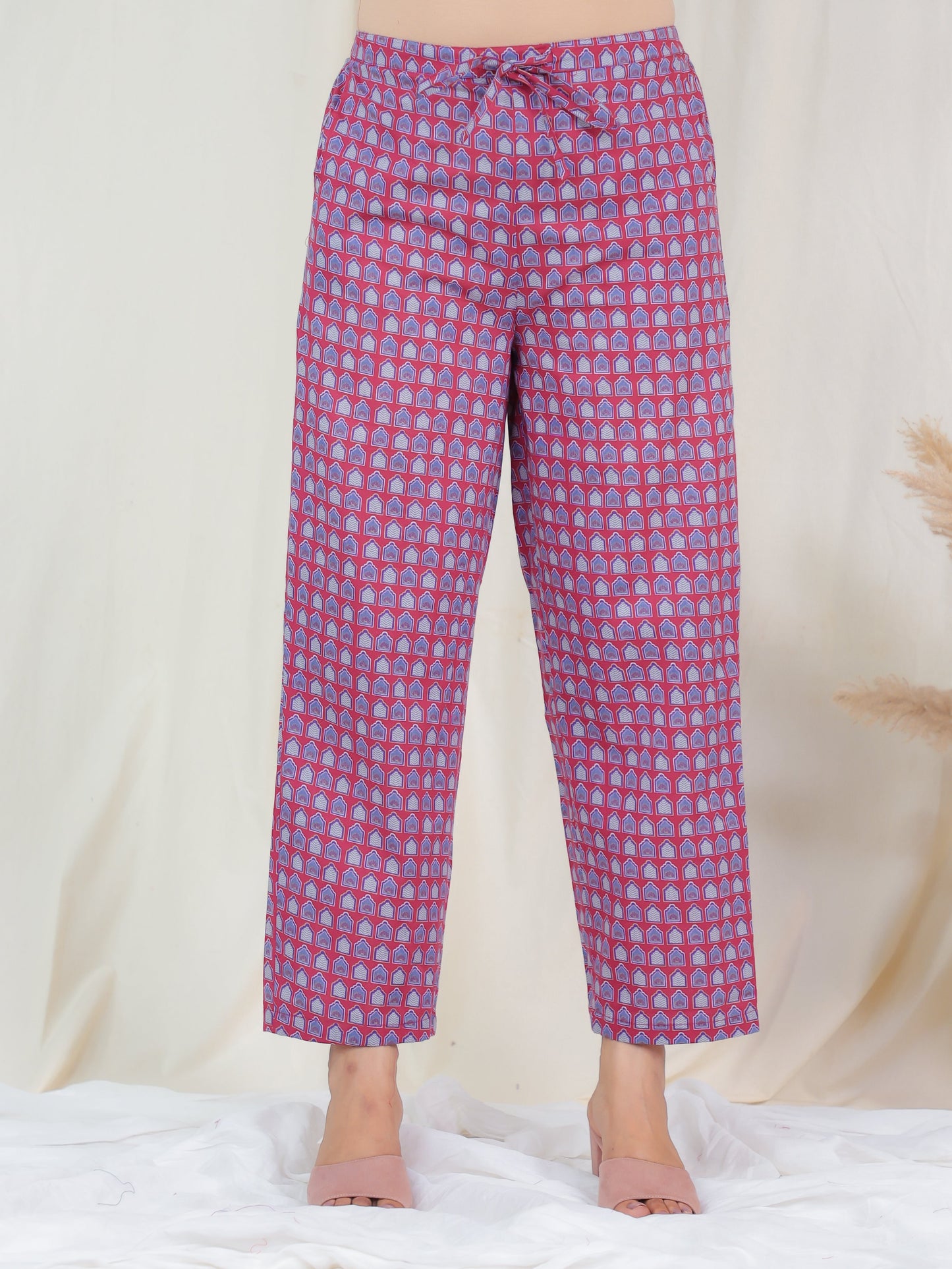 Soft Cotton Ajrakh Pink Trousers Straight Trousers