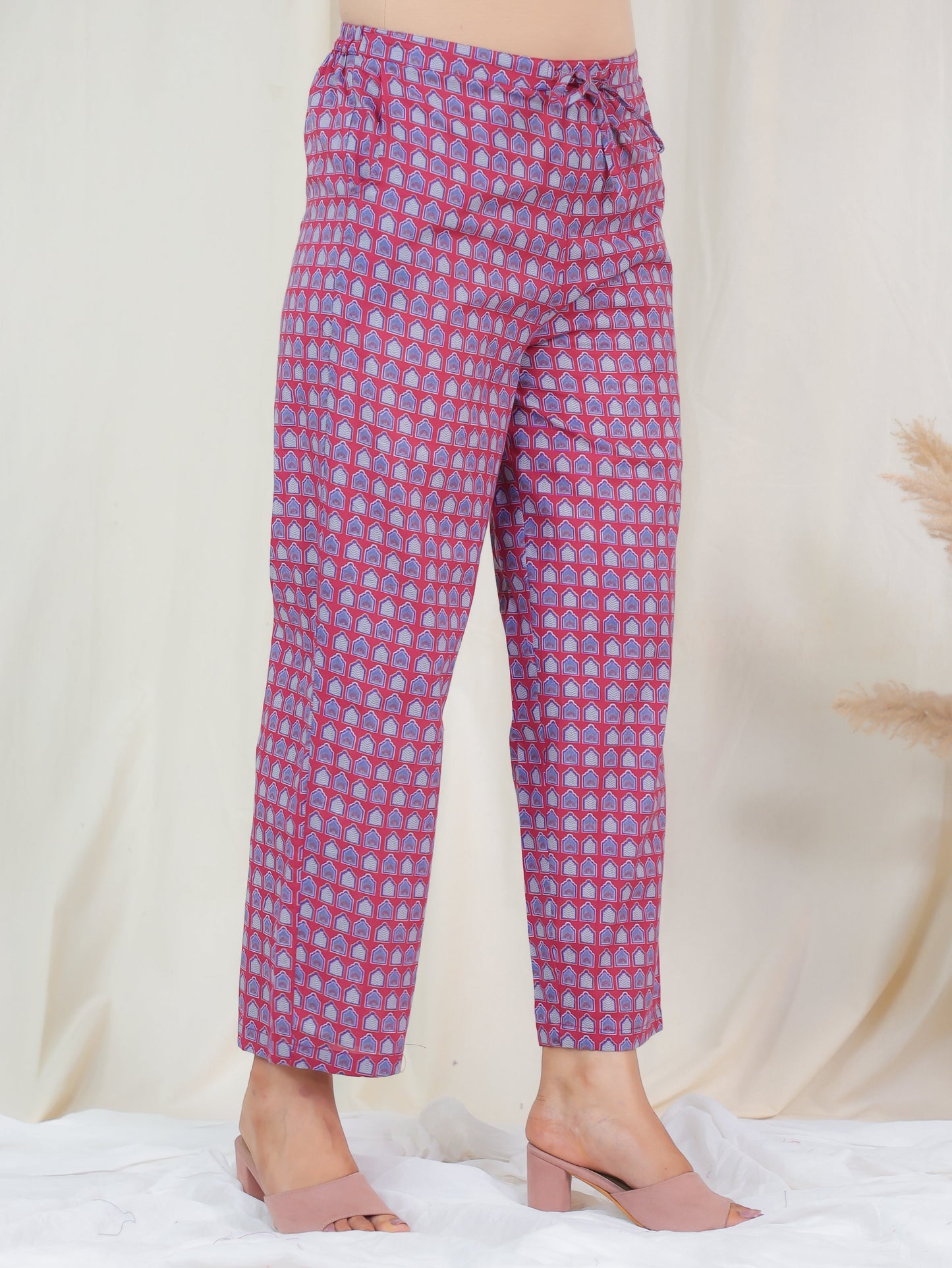 Soft Cotton Ajrakh Pink Trousers Straight Trousers