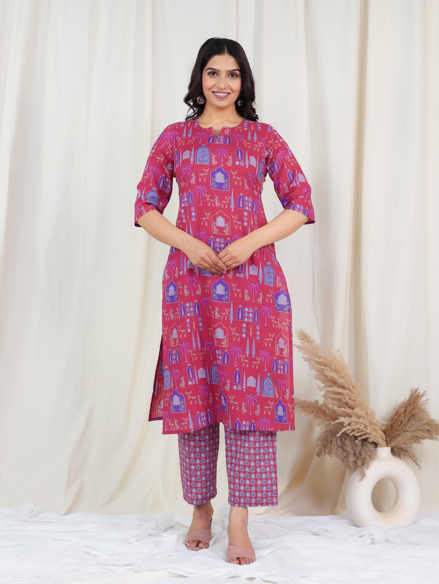 Soft Cotton Ajrakh Straight Pink Kurta