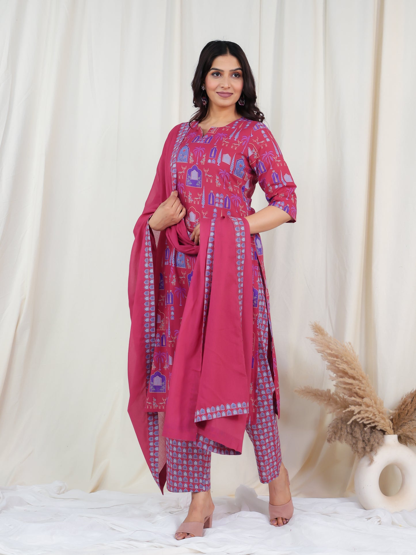 Soft Cotton Ajrakh Straight Pink Kurta