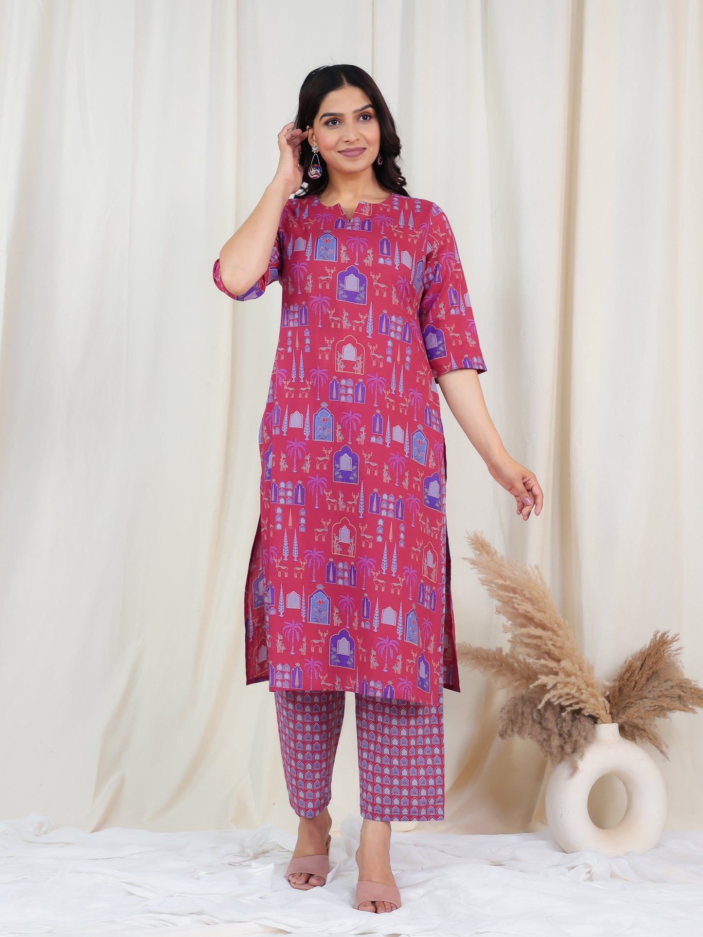 Soft Cotton Ajrakh Straight Pink Kurta