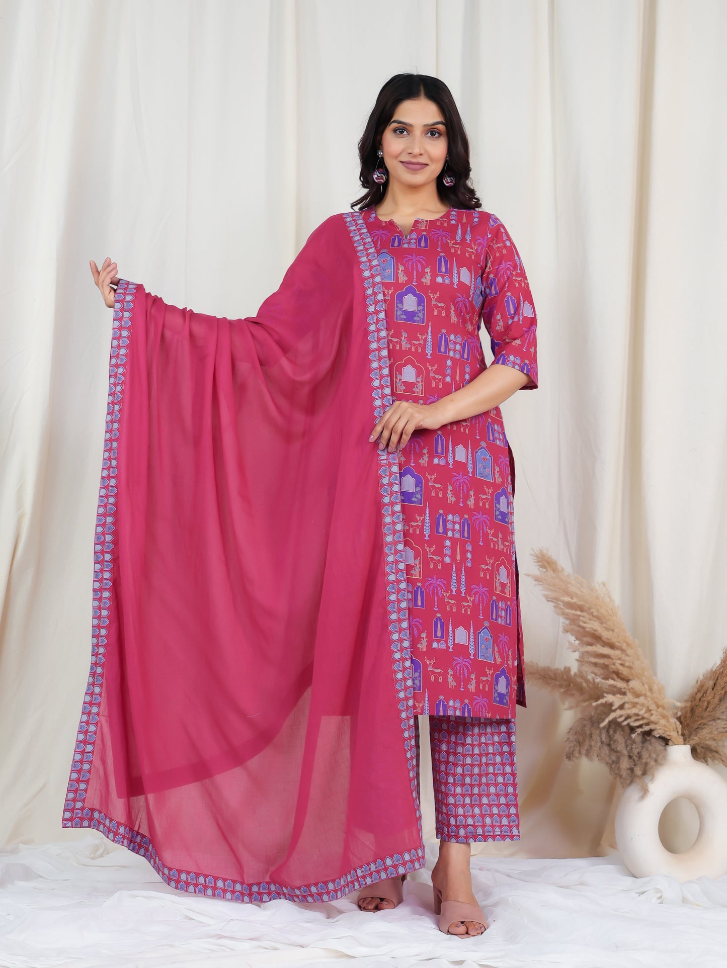 Soft Cotton Ajrakh Straight Pink Kurta