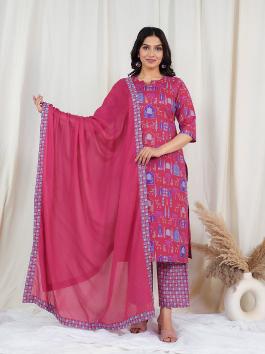 Soft Cotton Ajrakh Straight Pink Kurta