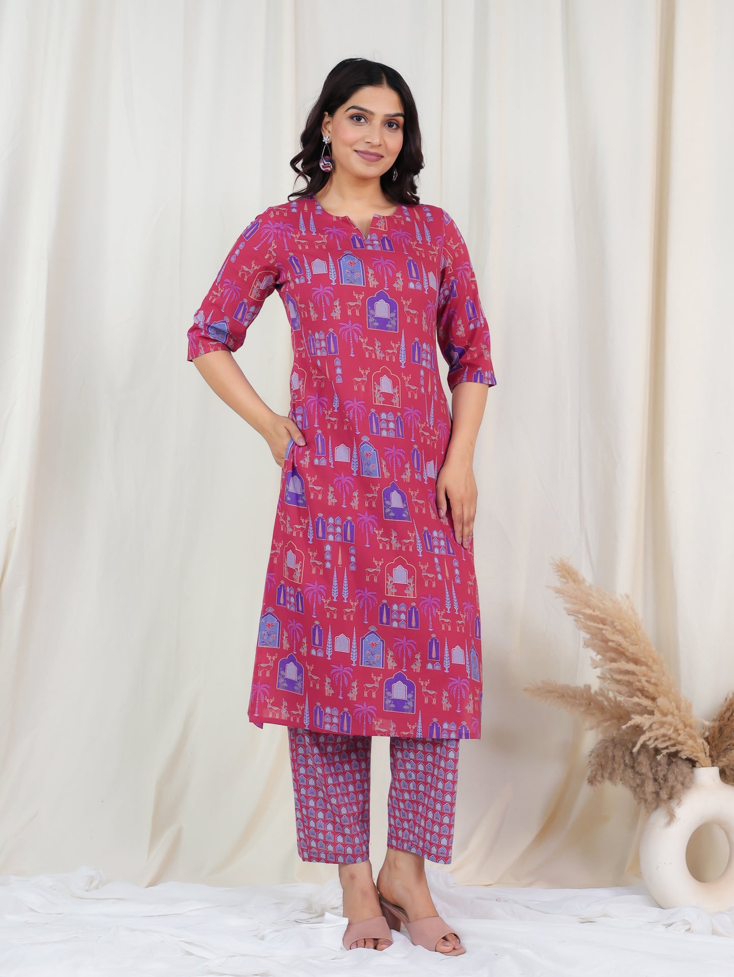 Soft Cotton Ajrakh Straight Pink Kurta