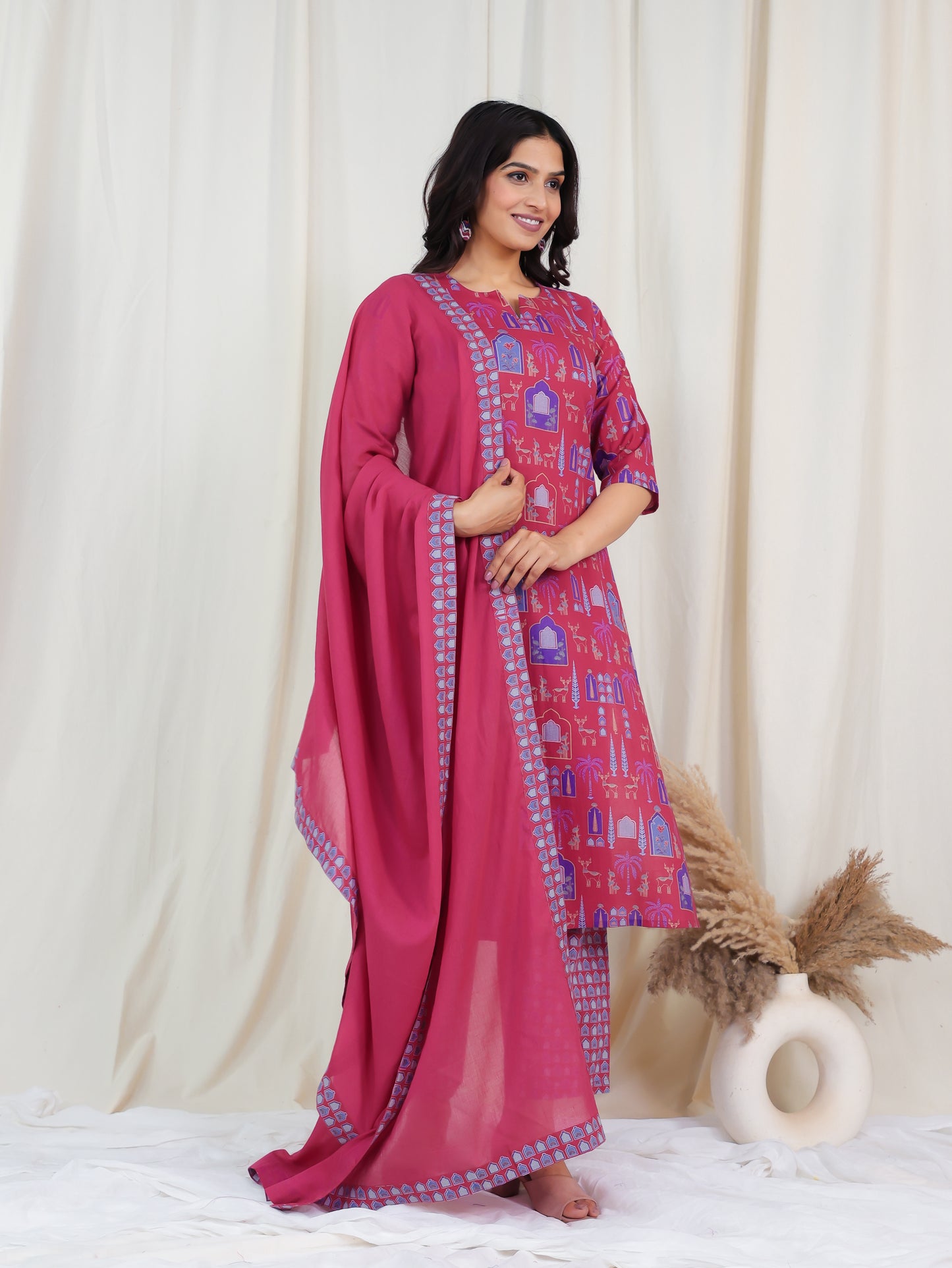 Soft Cotton Ajrakh Straight Pink Kurta