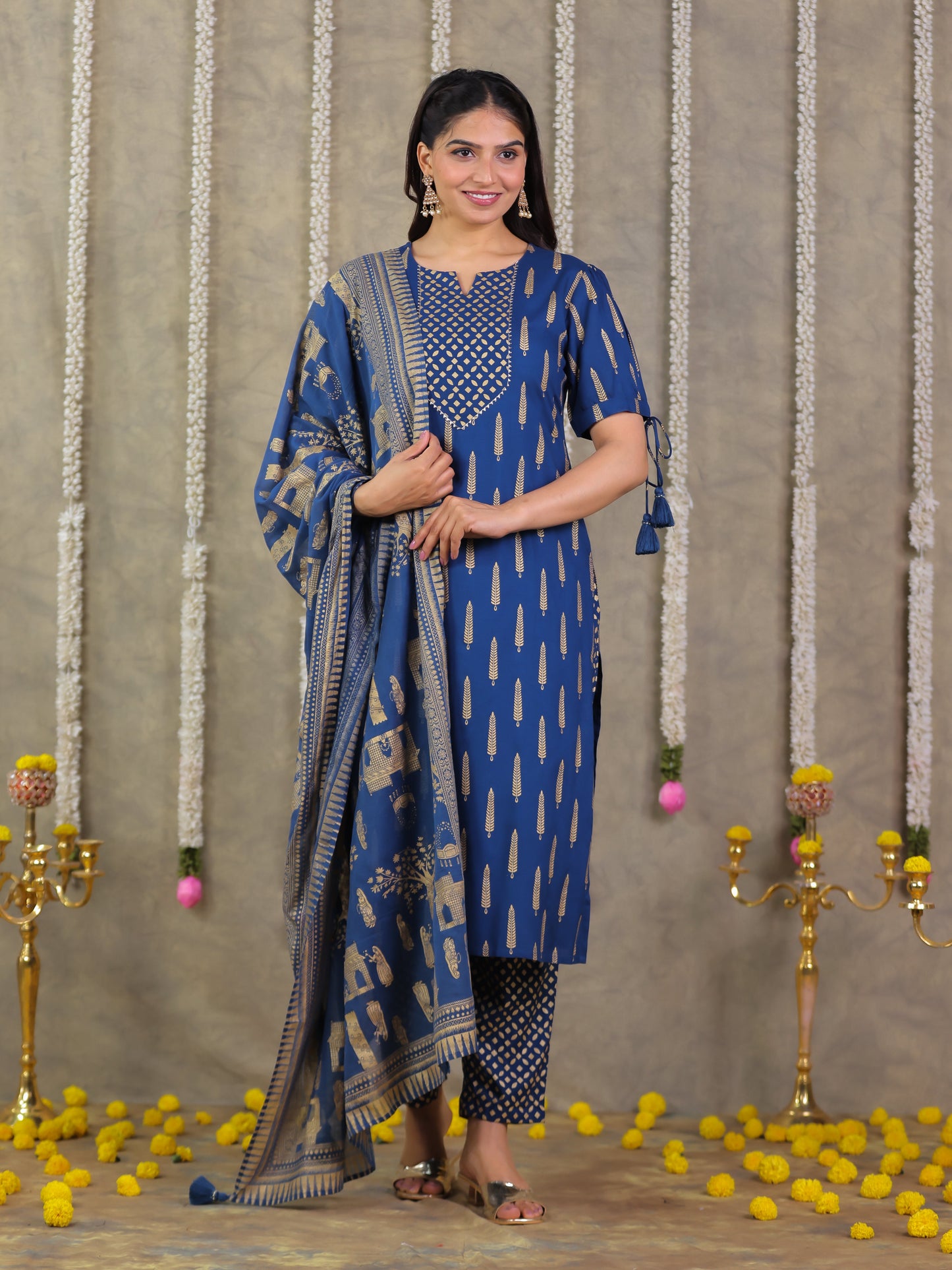 Cotton Voile Gold foil Blue Dupatta