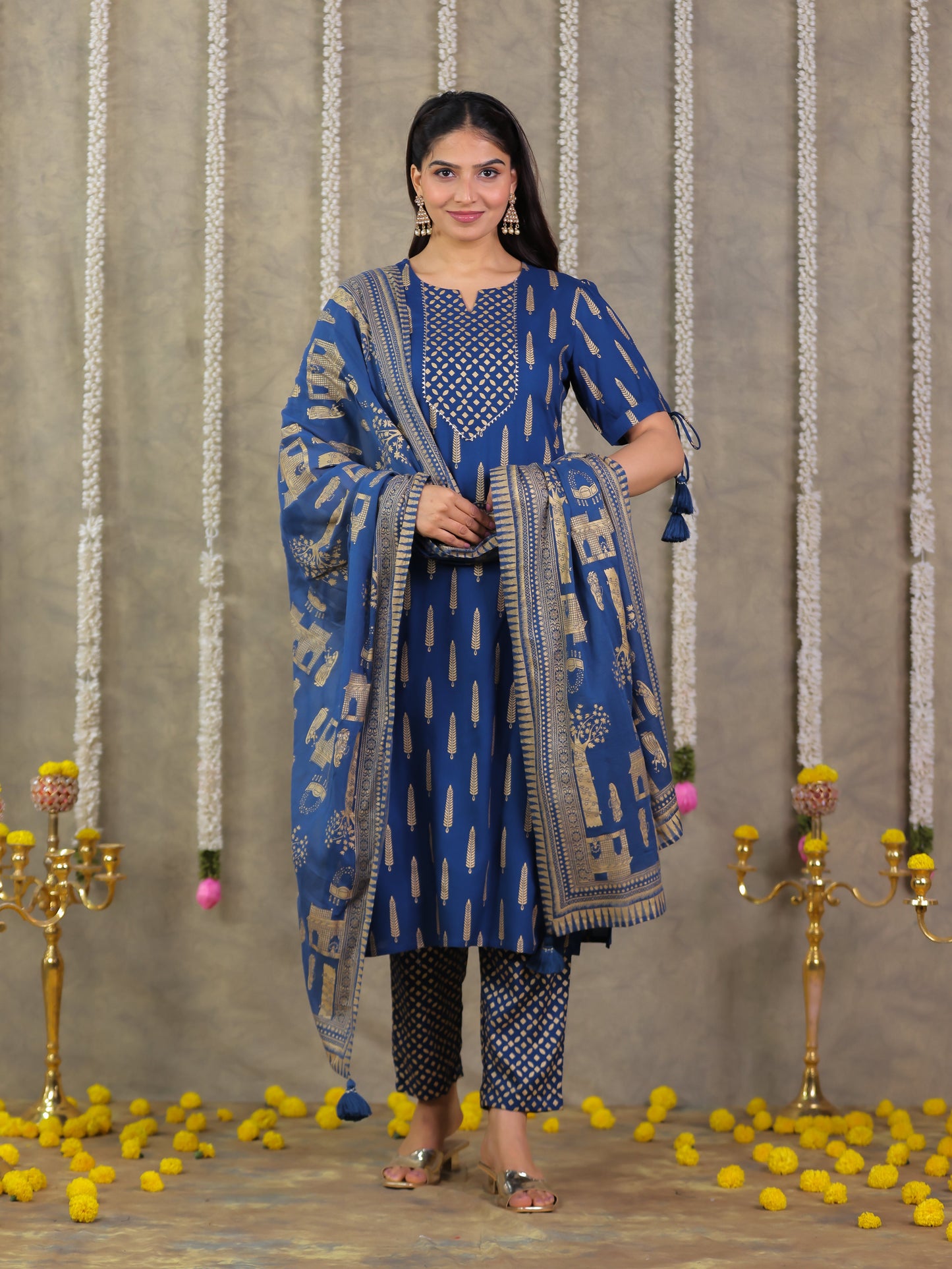 Cotton Voile Gold foil Blue Dupatta
