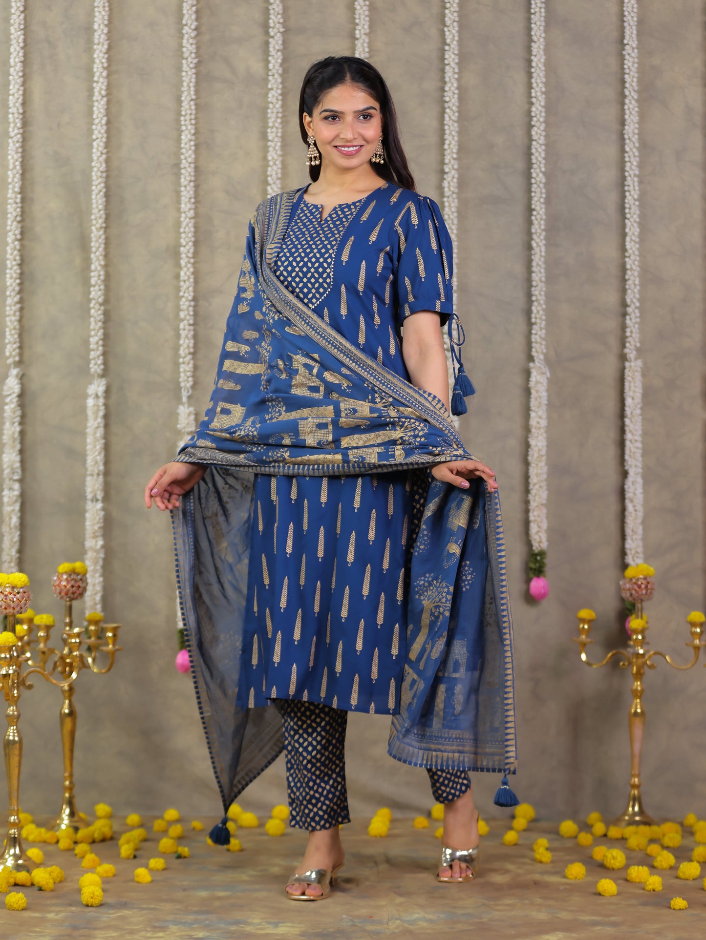 Viscose Gold foil Straight Blue Kurta