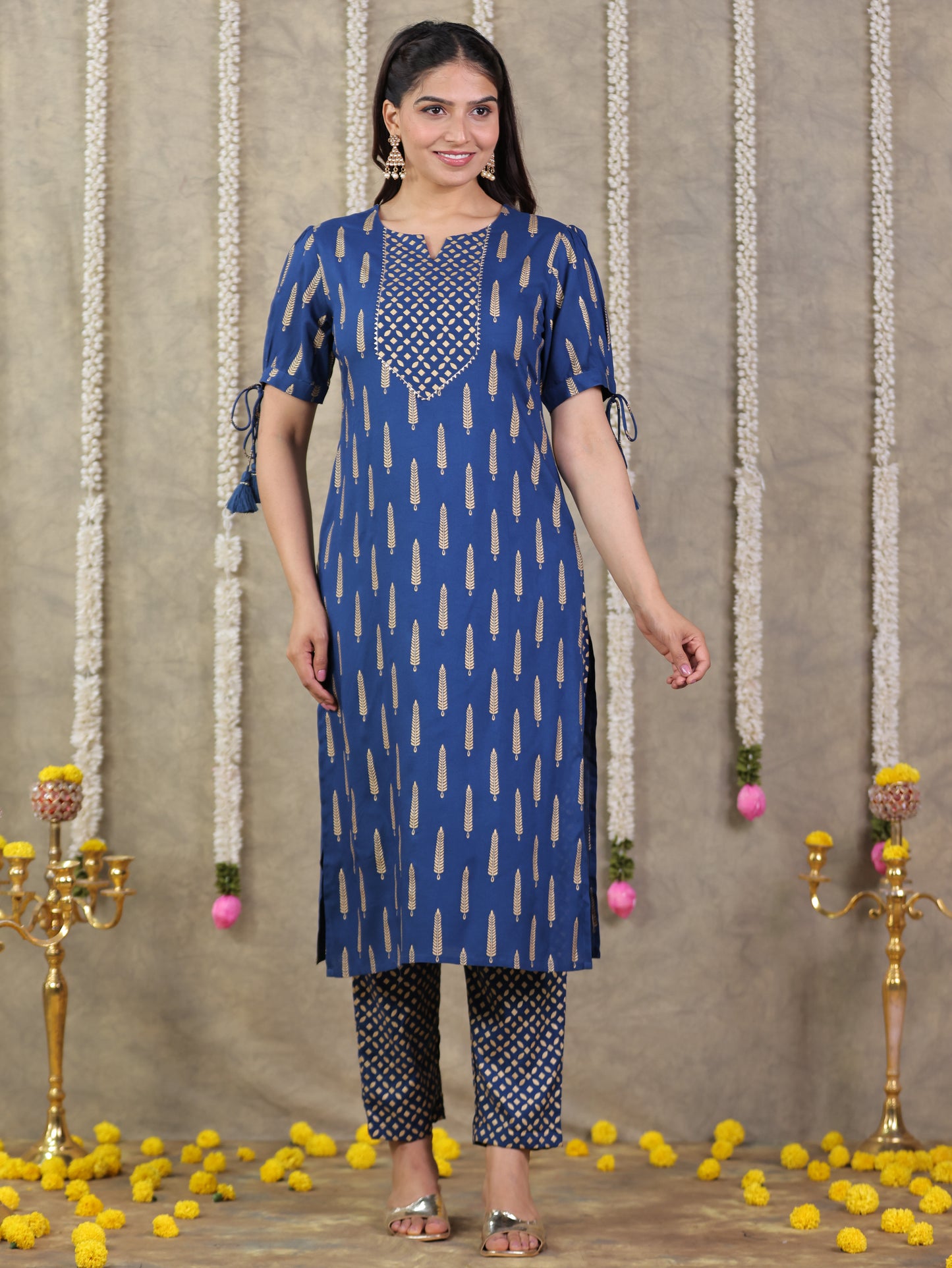 Viscose Gold foil Straight Blue Kurta