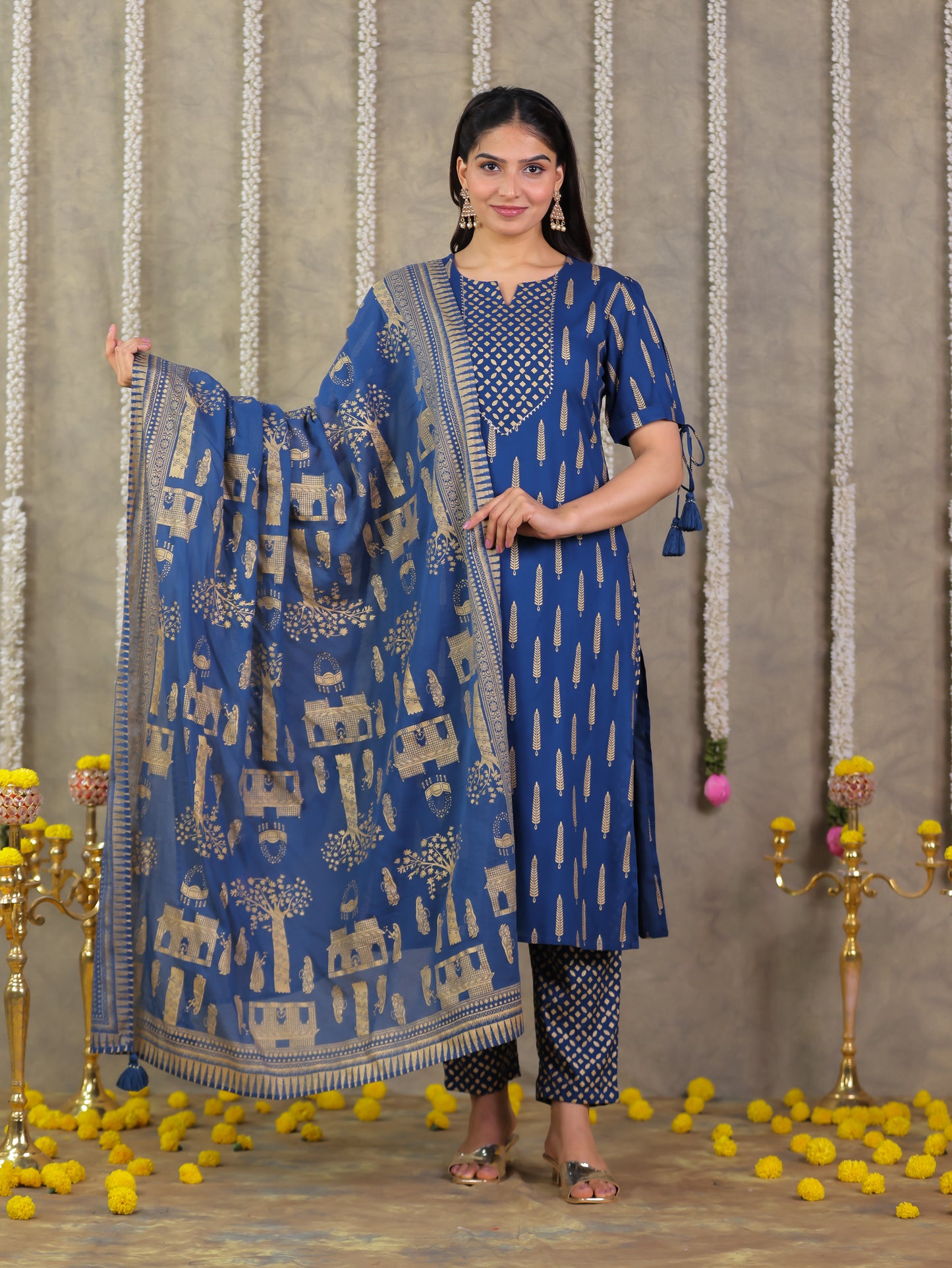 Viscose Gold foil Straight Blue Kurta
