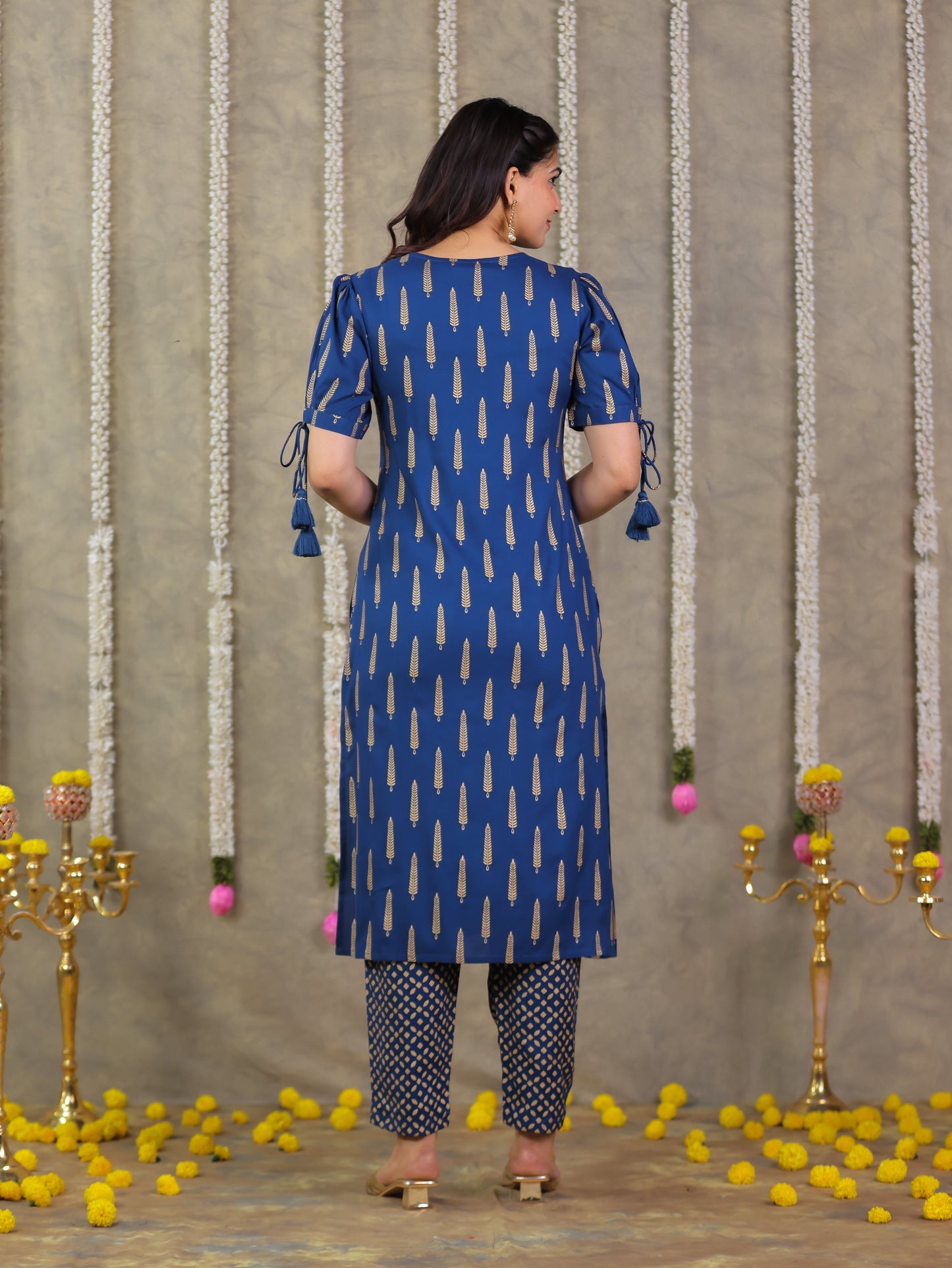 Viscose Gold foil Straight Blue Kurta