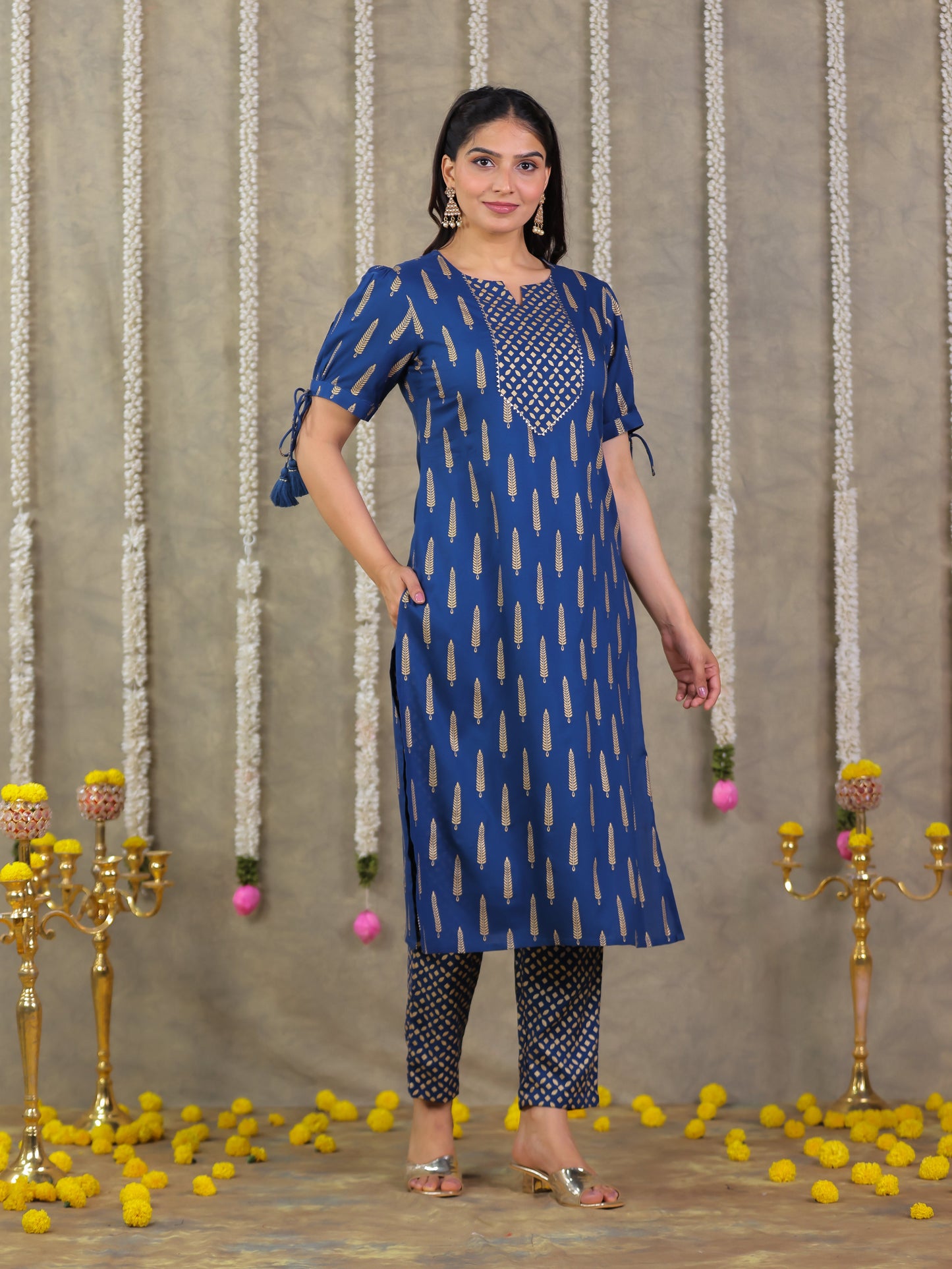 Viscose Gold foil Straight Blue Kurta