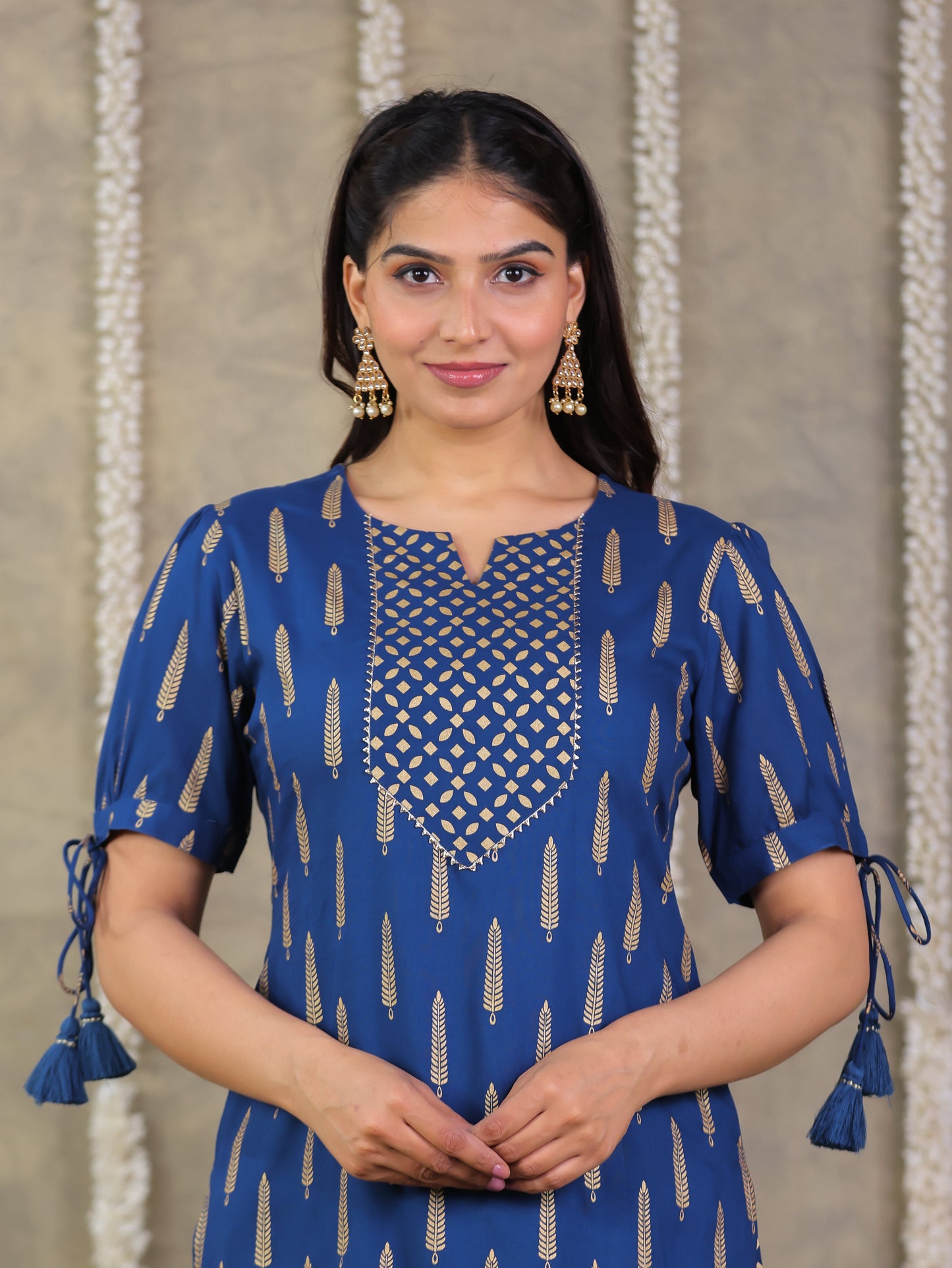 Viscose Gold foil Straight Blue Kurta