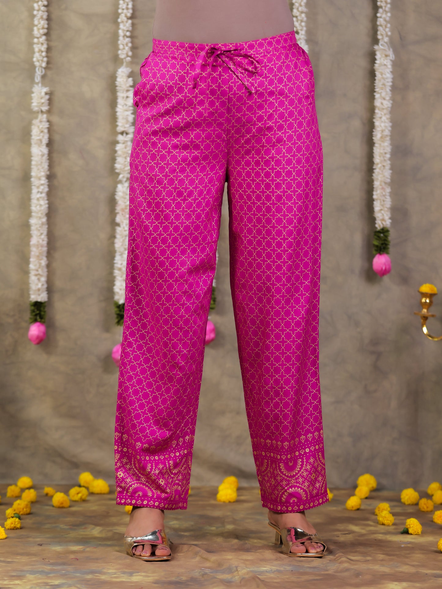 Viscose Gold foil Pink Straight Trousers