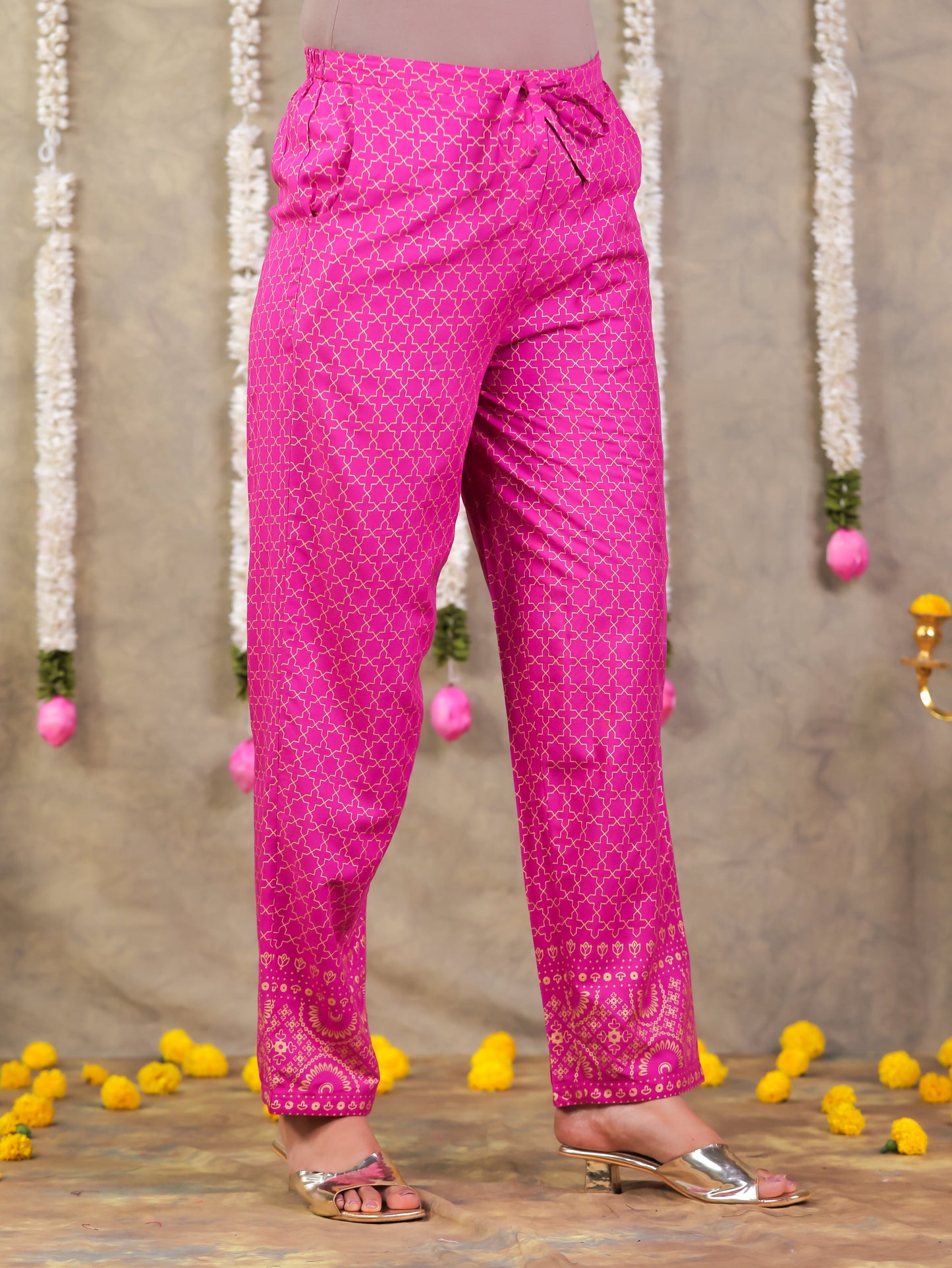 Viscose Gold foil Pink Straight Trousers