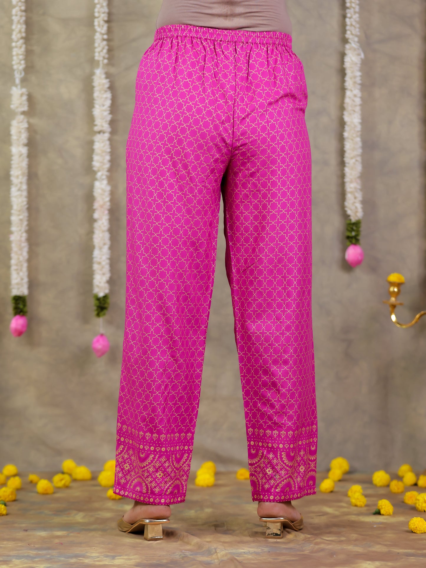 Viscose Gold foil Pink Straight Trousers
