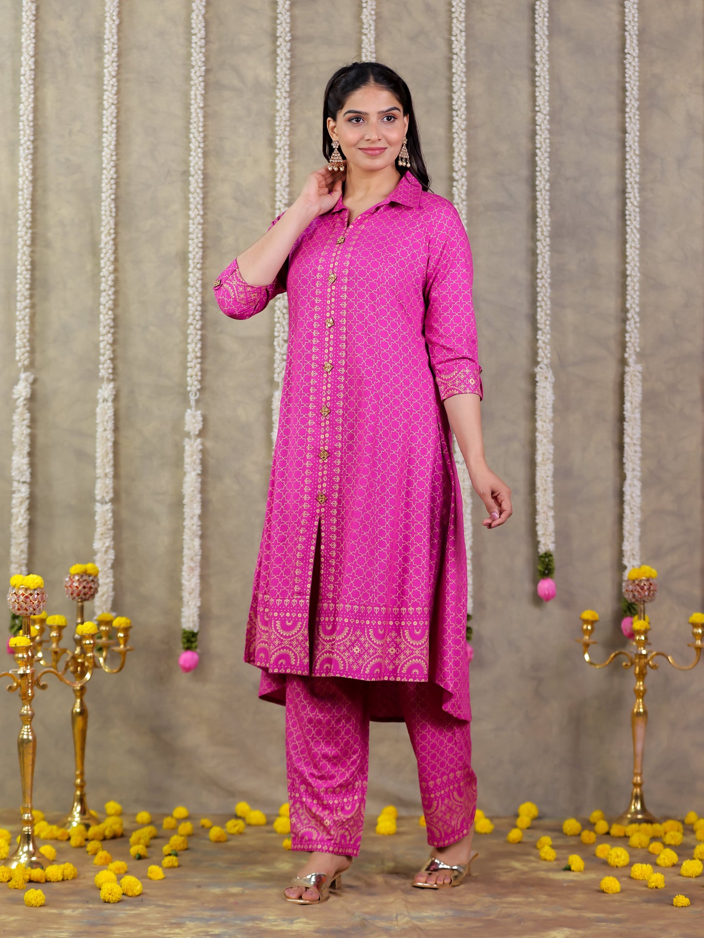 Viscose Gold foil High Low Pink Kurta
