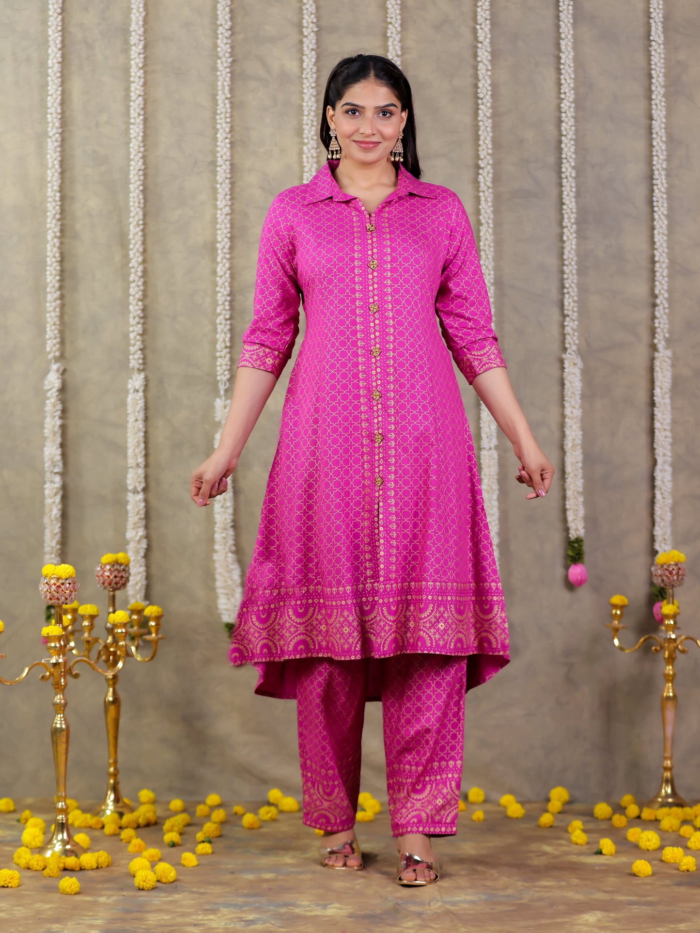 Viscose Gold foil High Low Pink Kurta