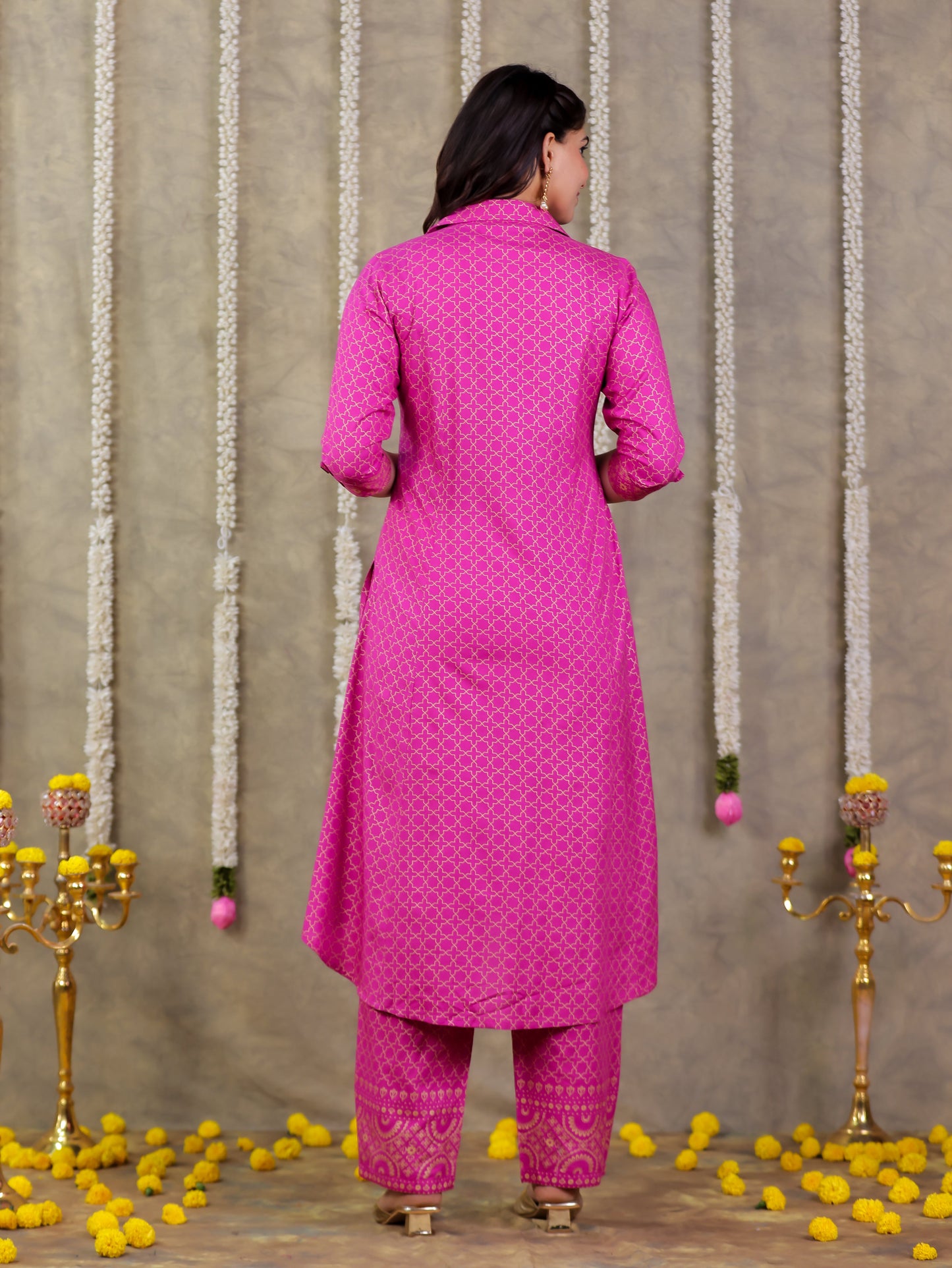 Viscose Gold foil High Low Pink Kurta