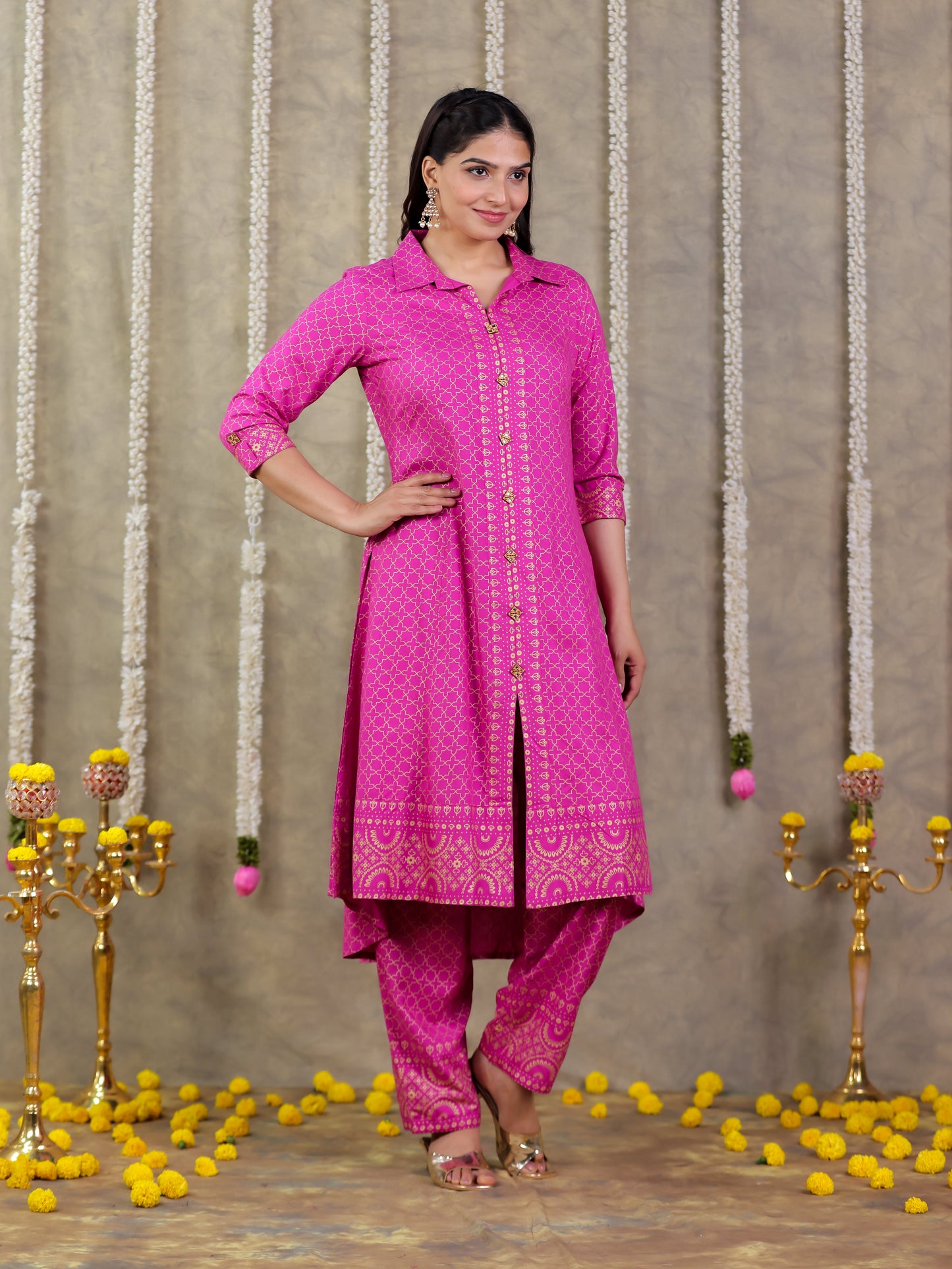 Viscose Gold foil High Low Pink Kurta