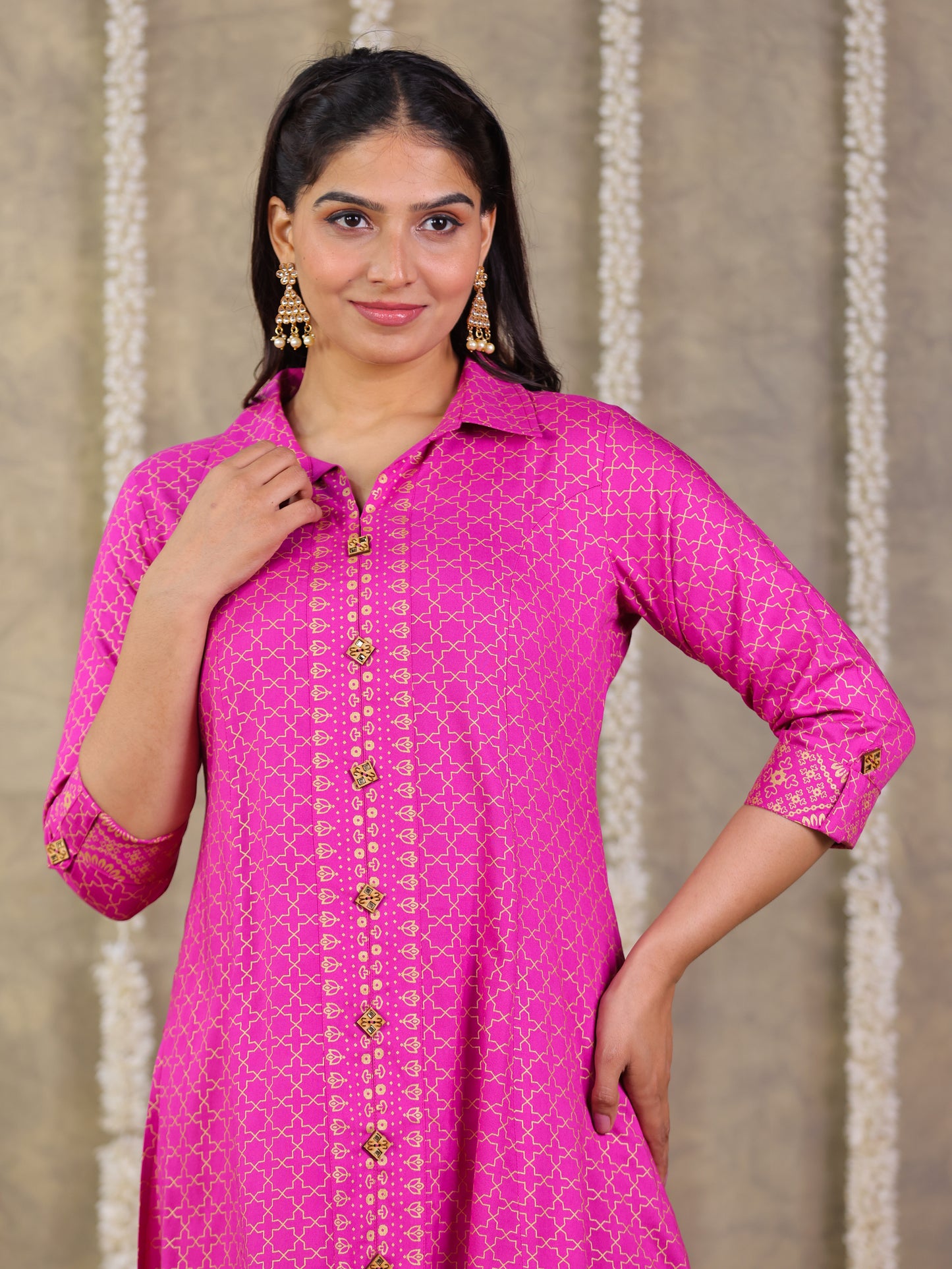 Viscose Gold foil High Low Pink Kurta