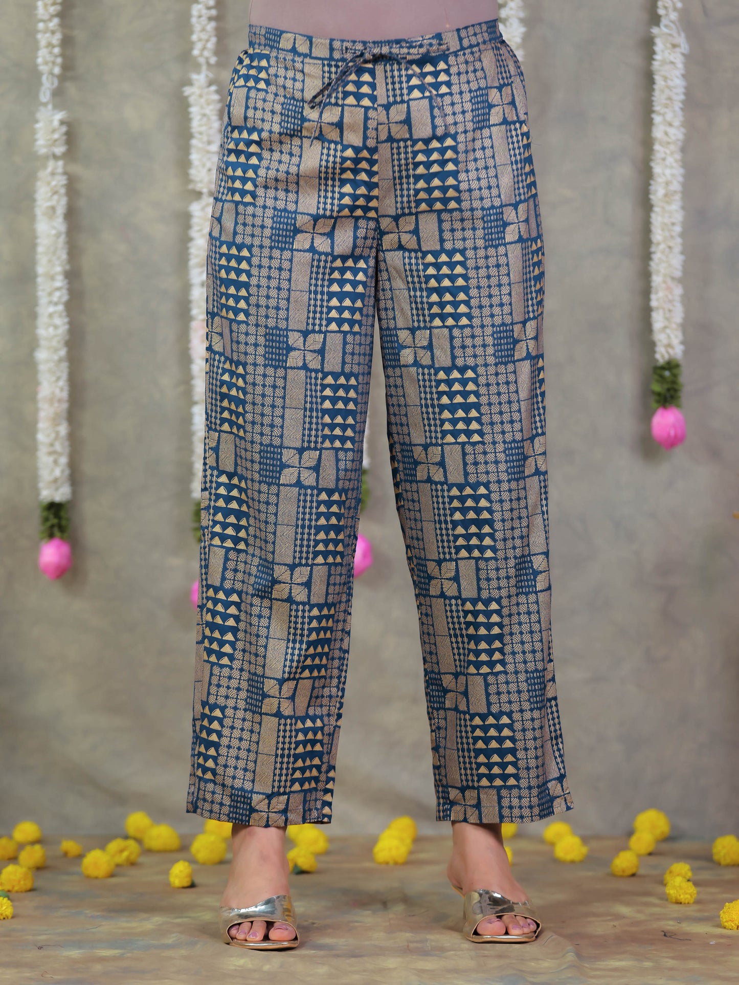 Viscose Gold foil Blue Straight Straight Trousers