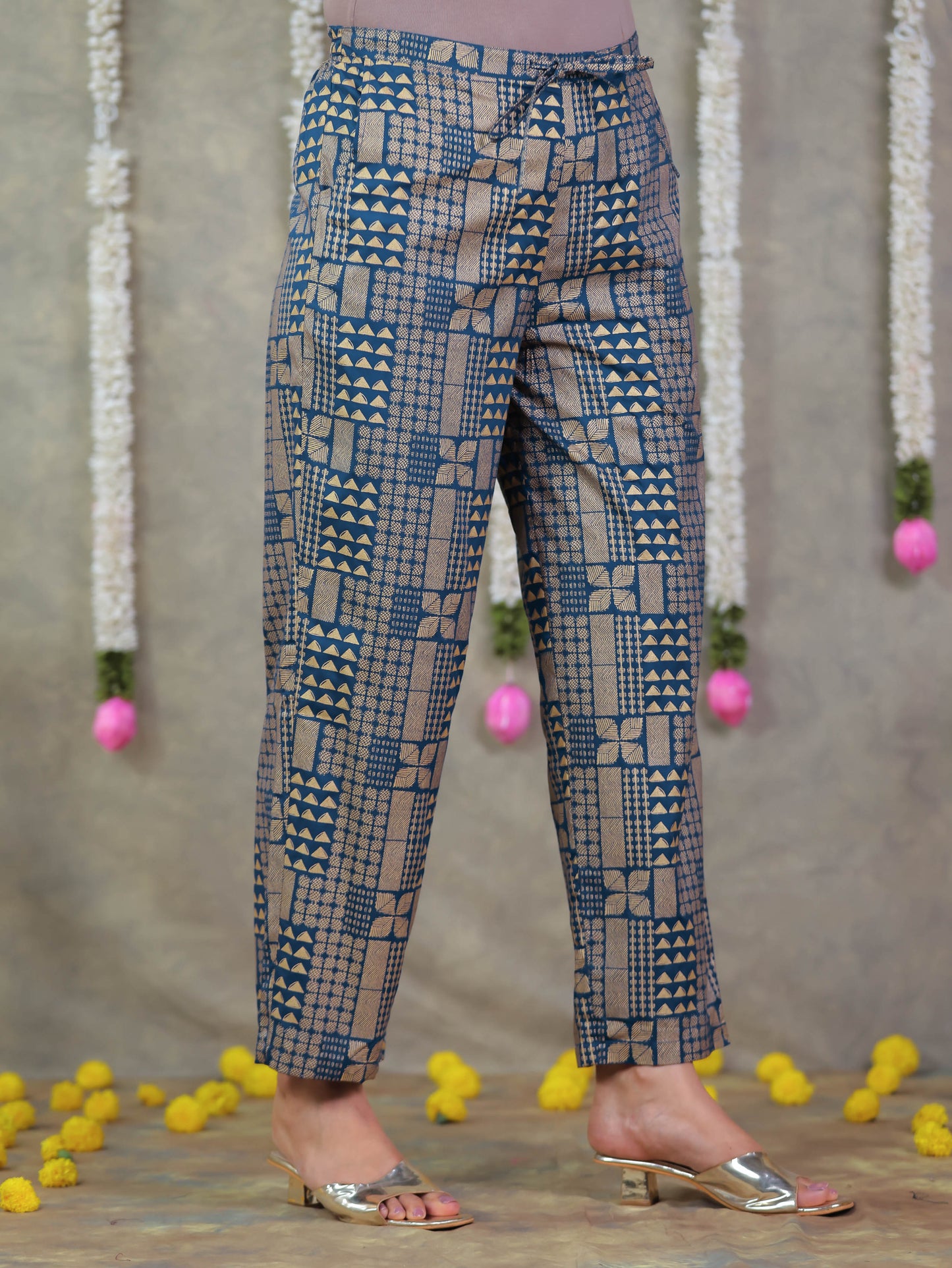 Viscose Gold foil Blue Straight Straight Trousers