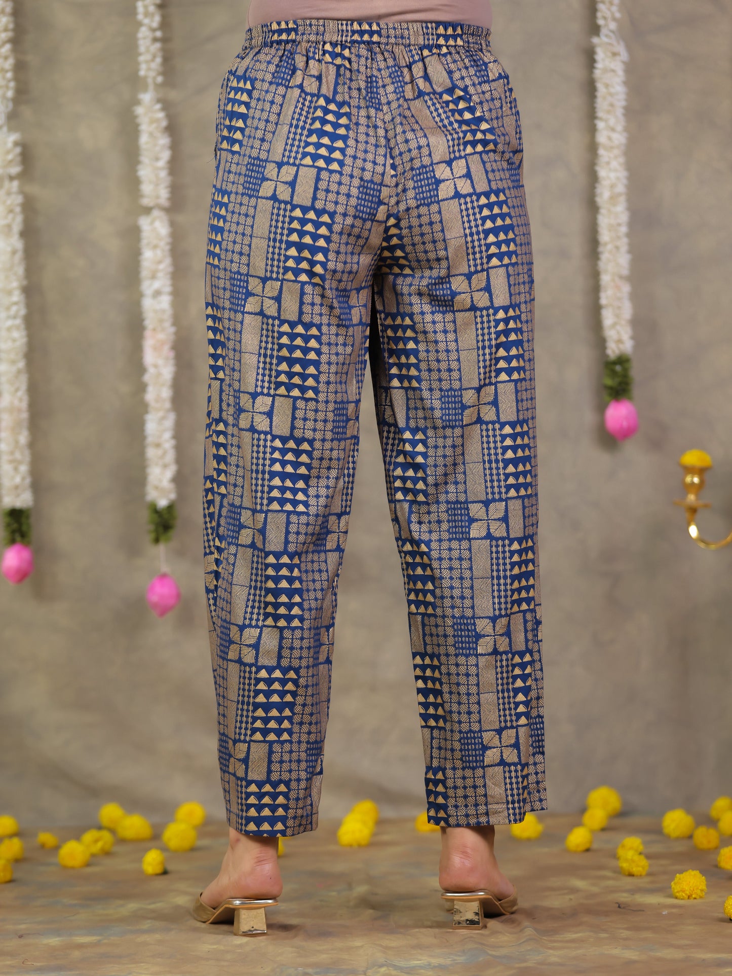 Viscose Gold foil Blue Straight Straight Trousers