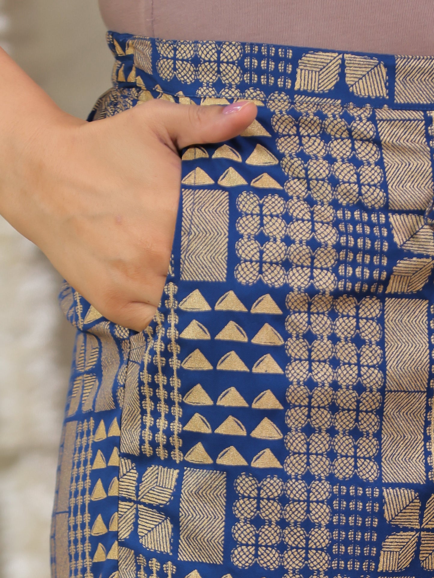 Viscose Gold foil Blue Straight Straight Trousers