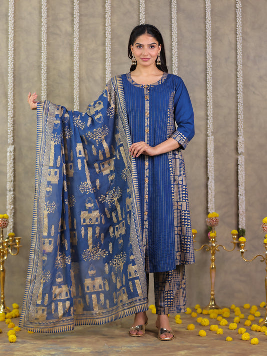 Cotton Voile Gold foil Blue Dupatta