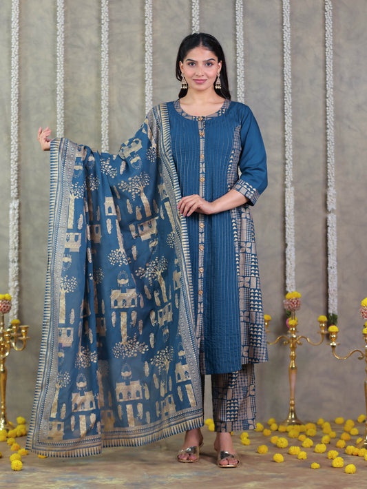 Cotton Voile Gold foil Blue Dupatta