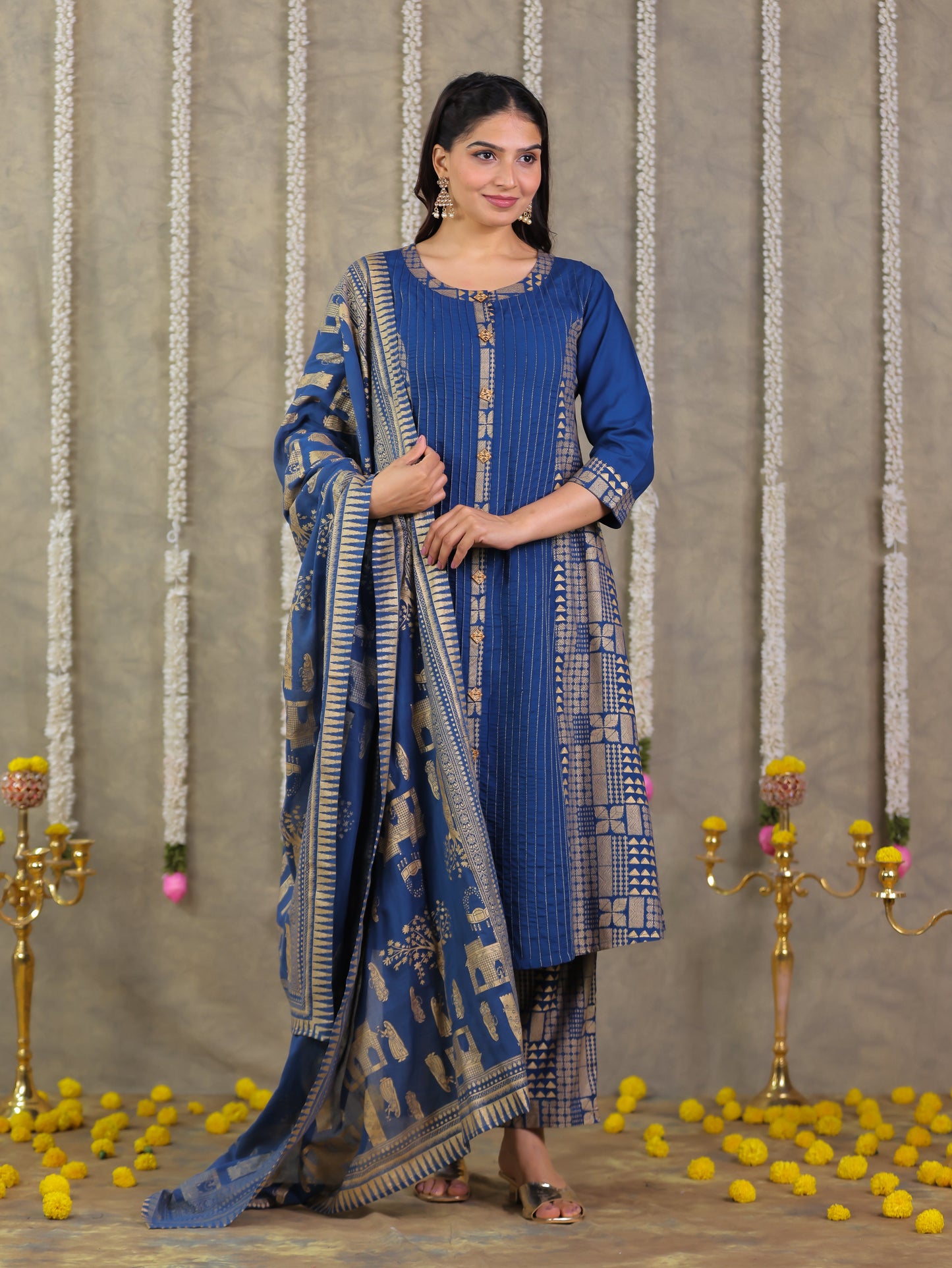 Cotton Voile Gold foil Blue Dupatta