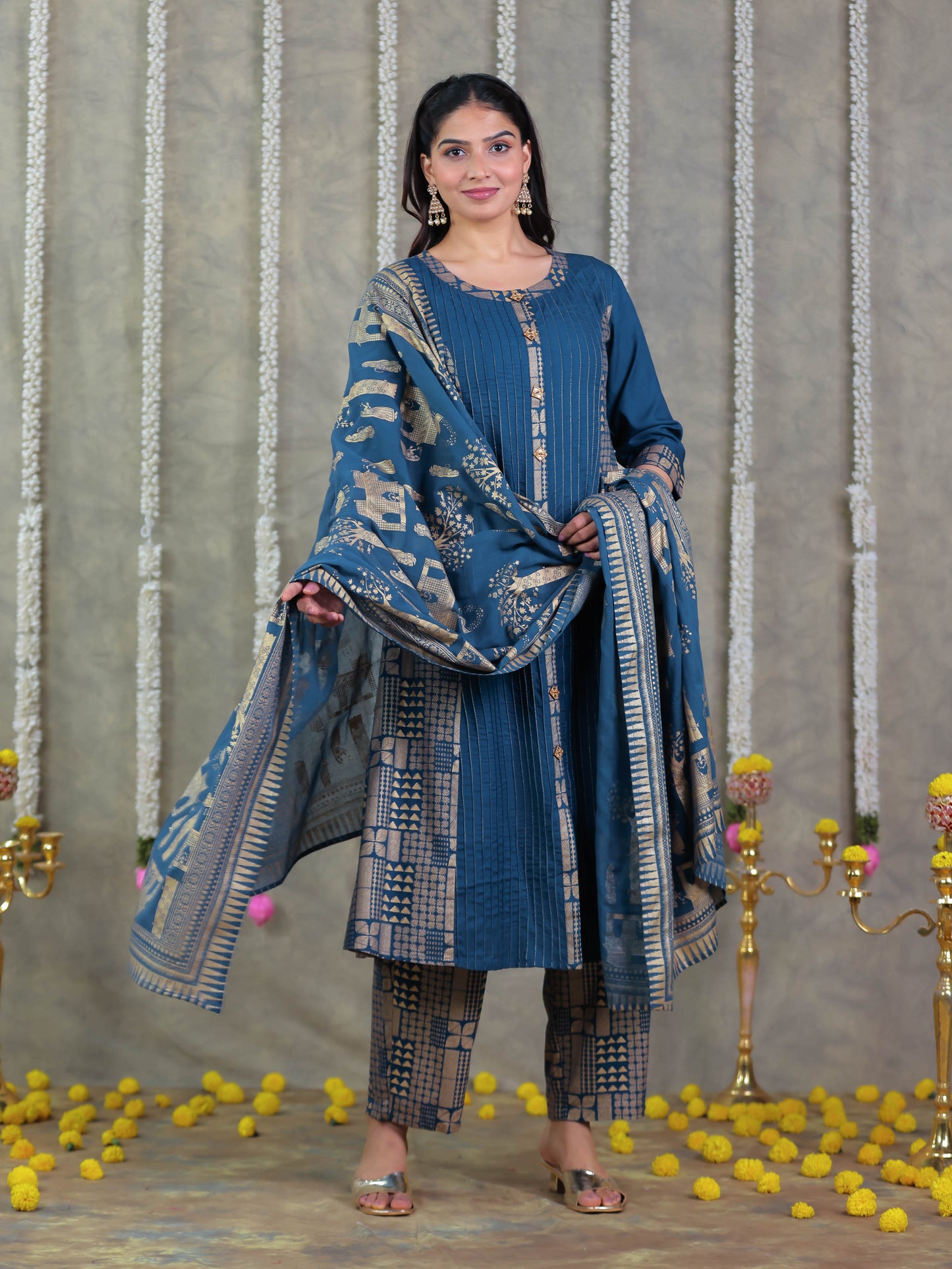 Cotton Voile Gold foil Blue Dupatta