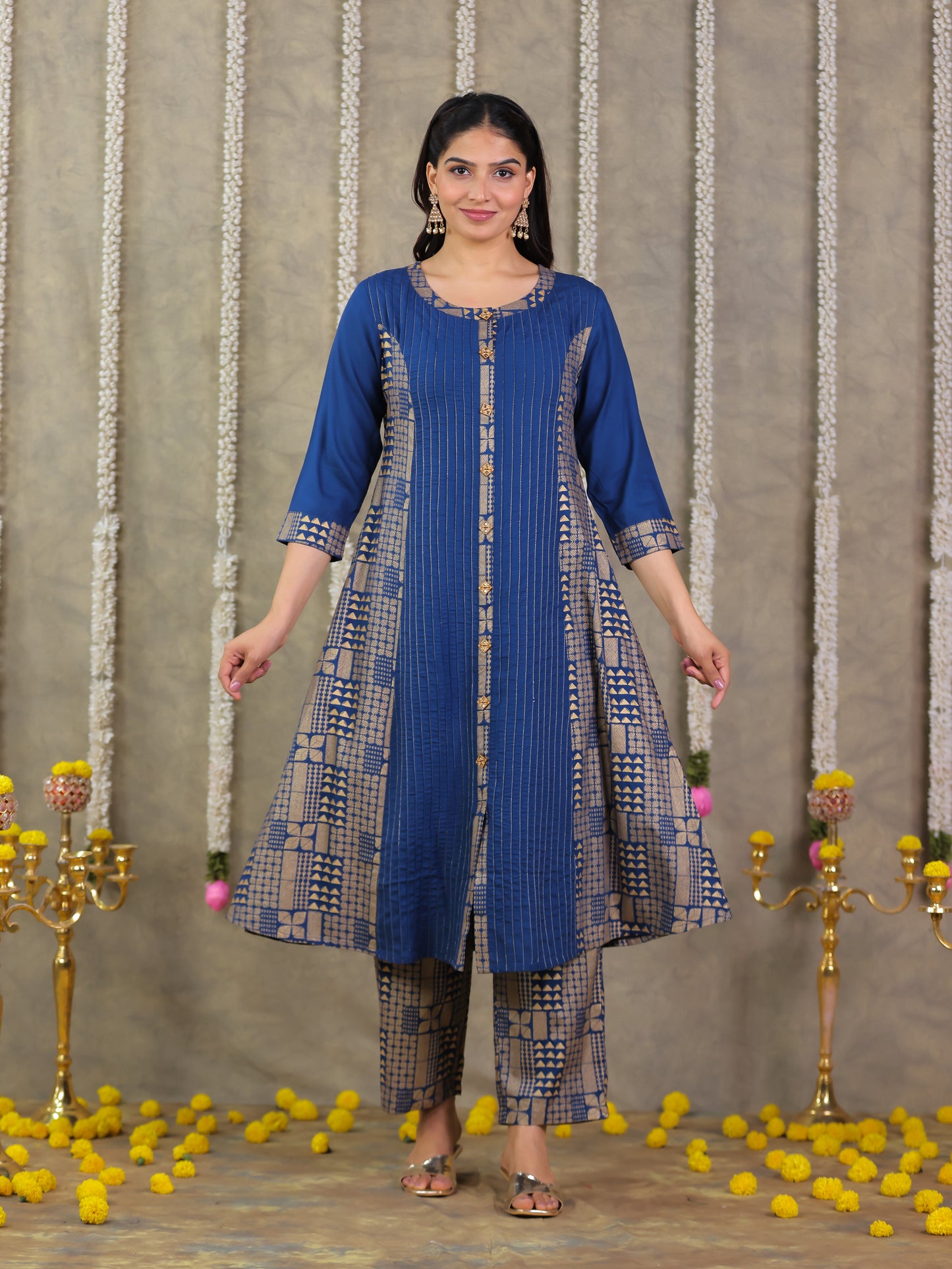 Viscose Gold foil Flared Blue Kurta