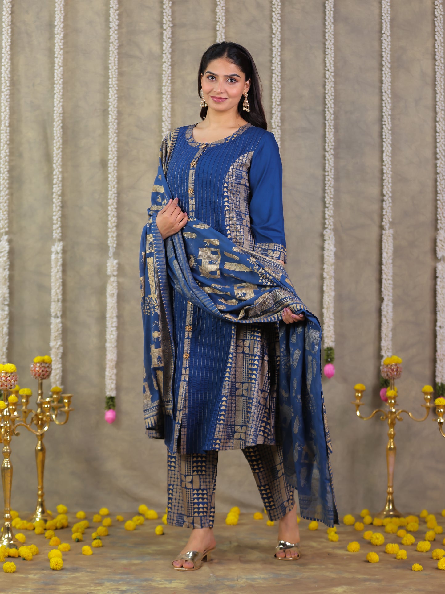 Viscose Gold foil Flared Blue Kurta